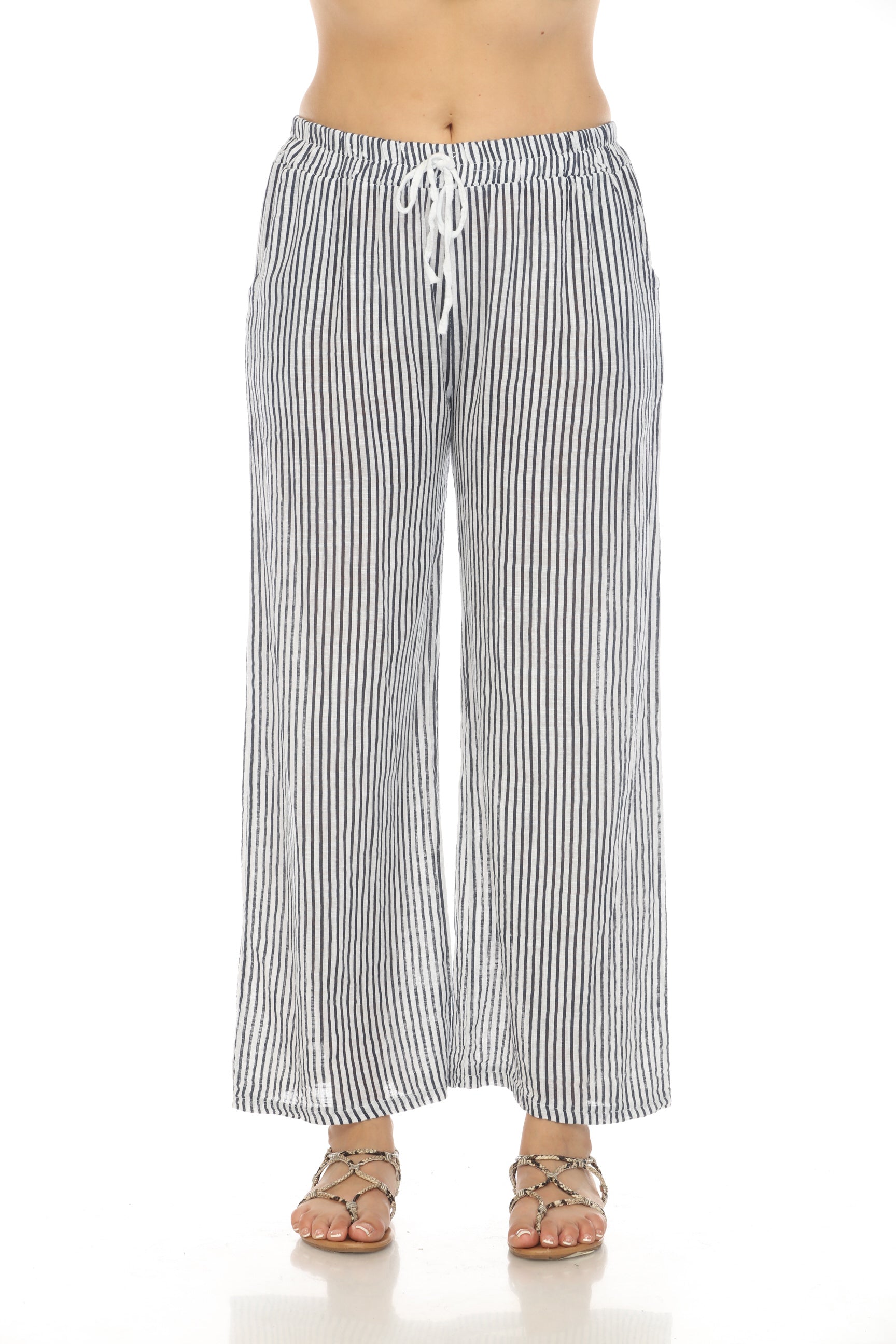 Navy Striped Drawstring Pant With Pockets