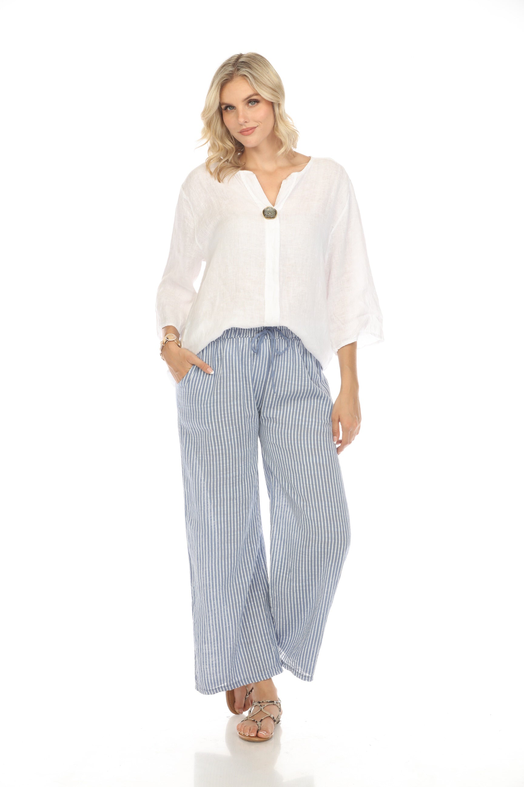 Sky Blue Striped Drawstring Pant With Pockets