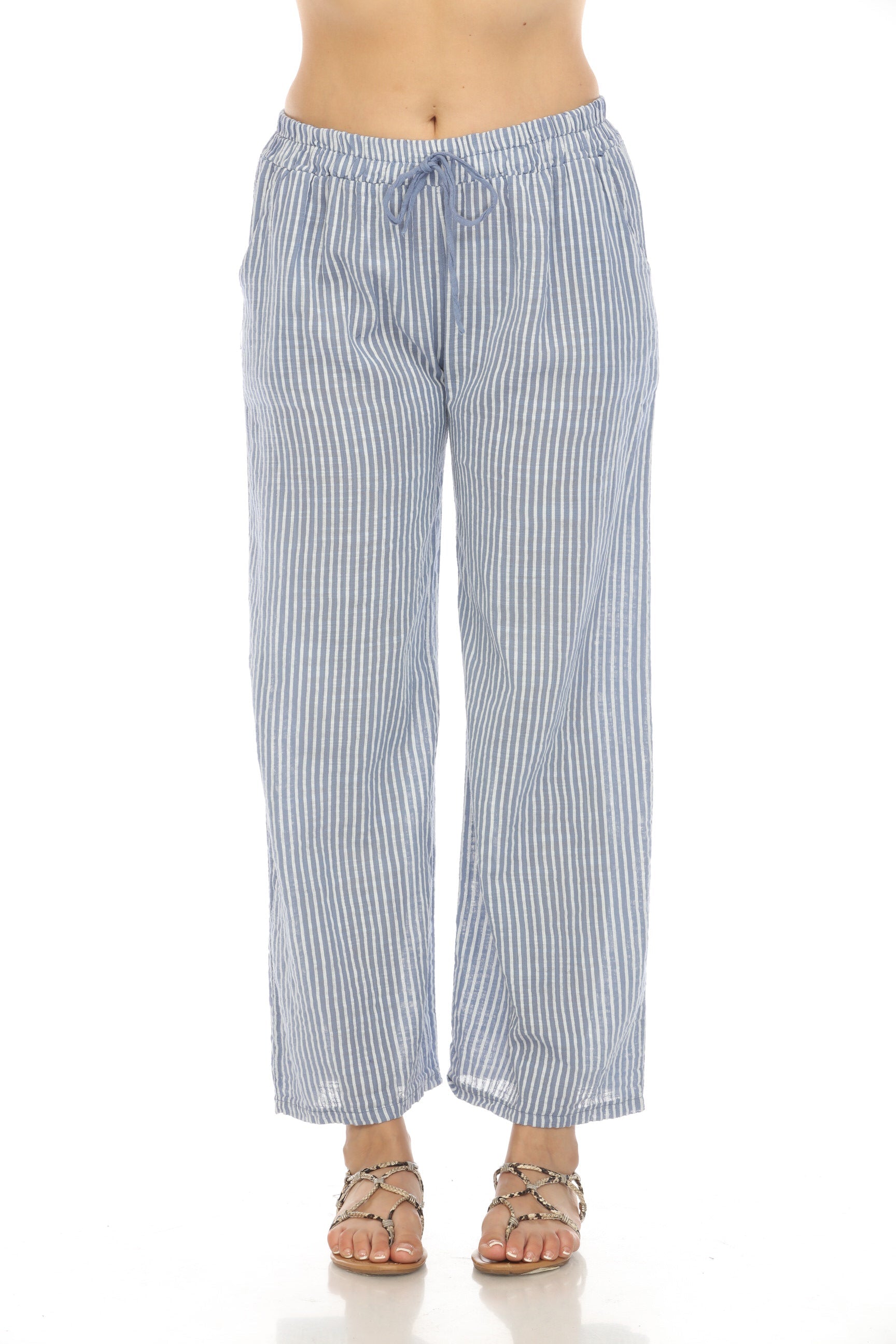 Sky Blue Striped Drawstring Pant With Pockets