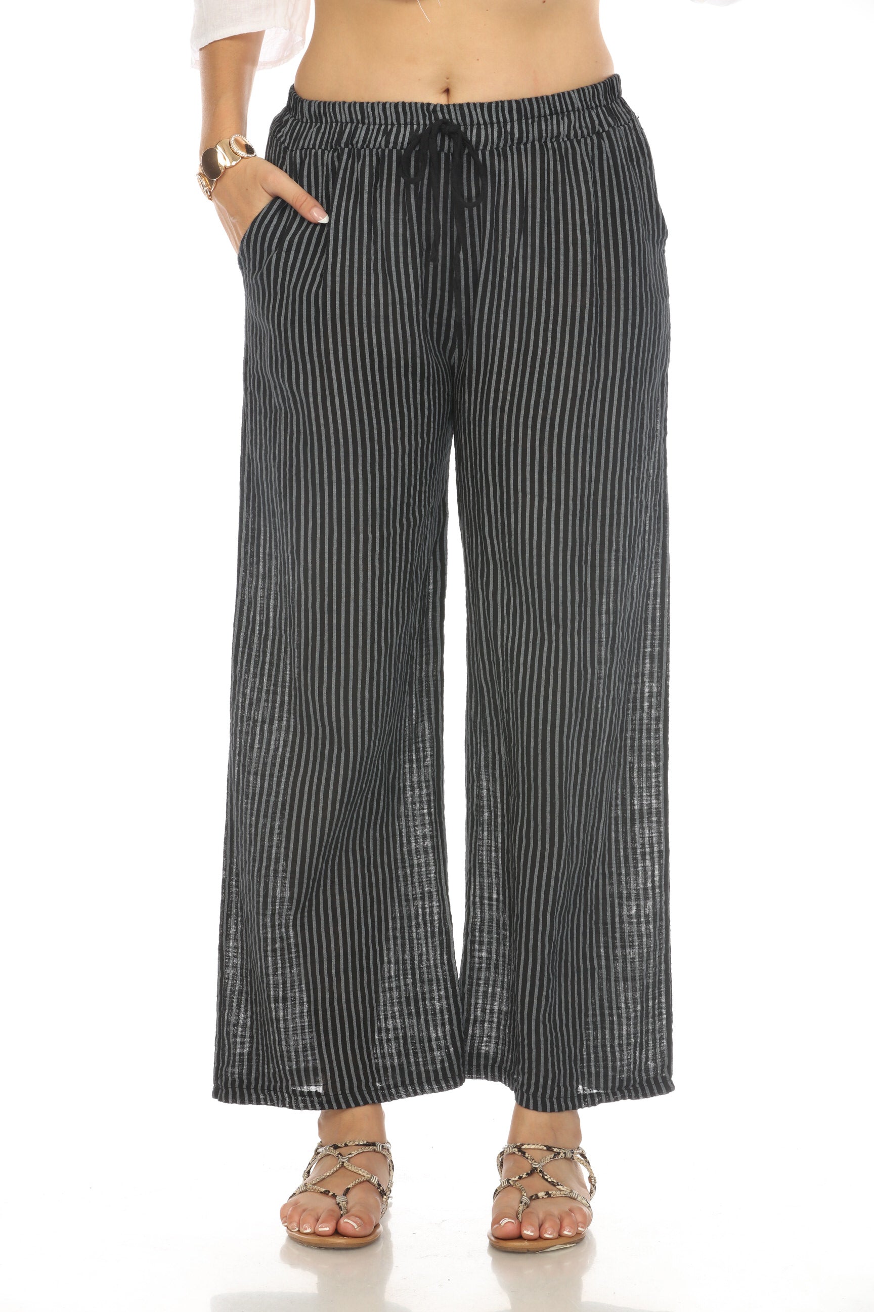 Black Striped Drawstring Pant With Pockets