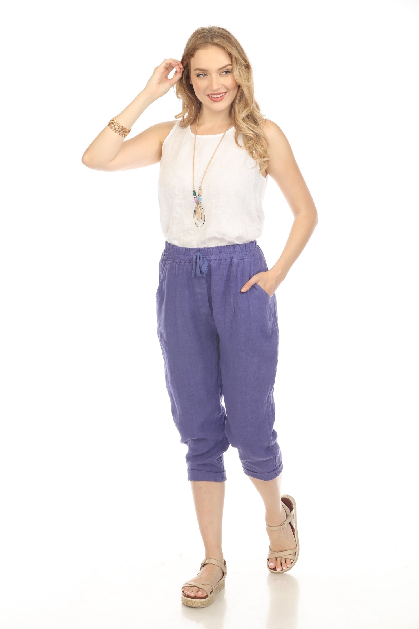 Purple Cropped style Drawstring Pockets Pant