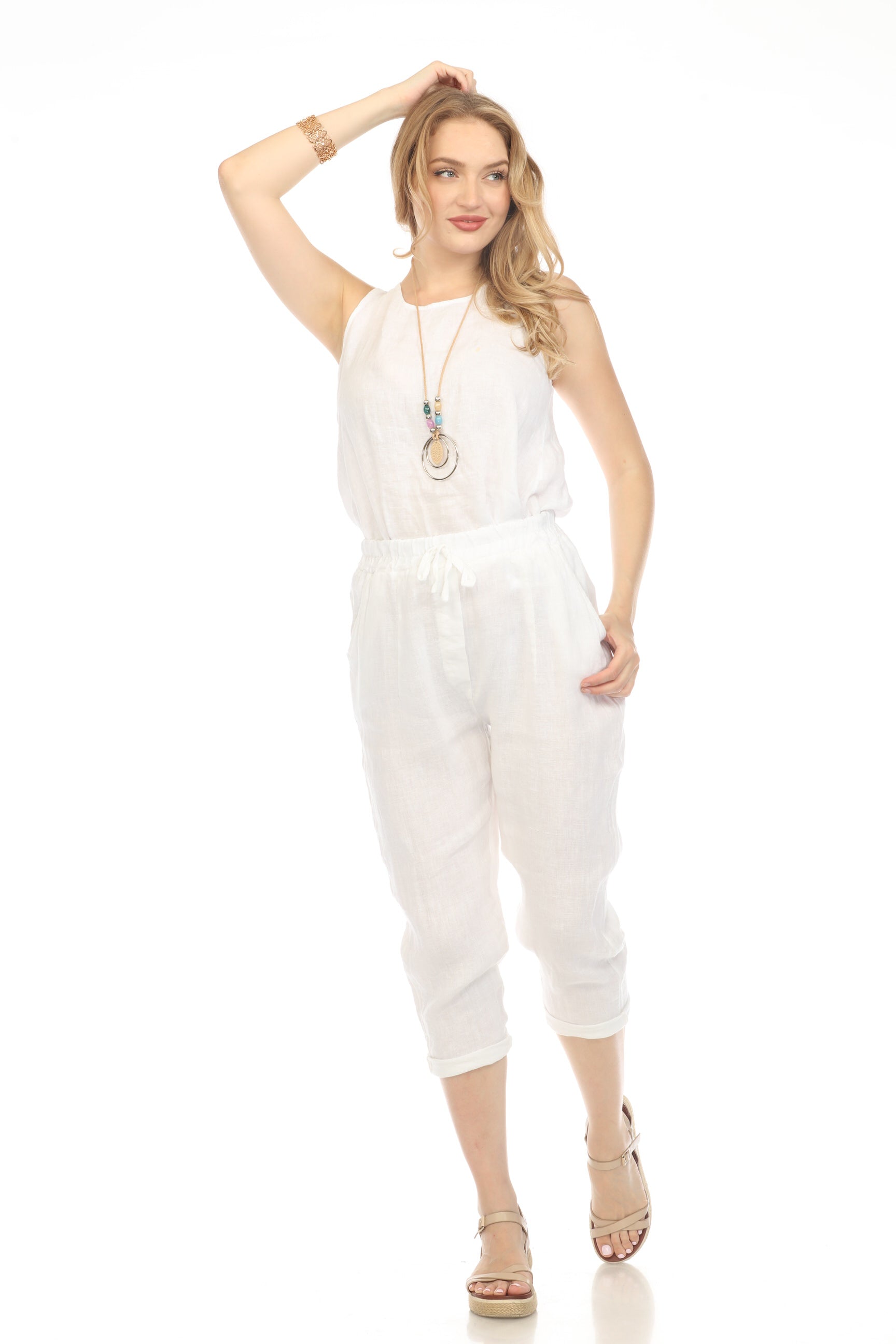 White Trouser style Drawstring Pockets Pant