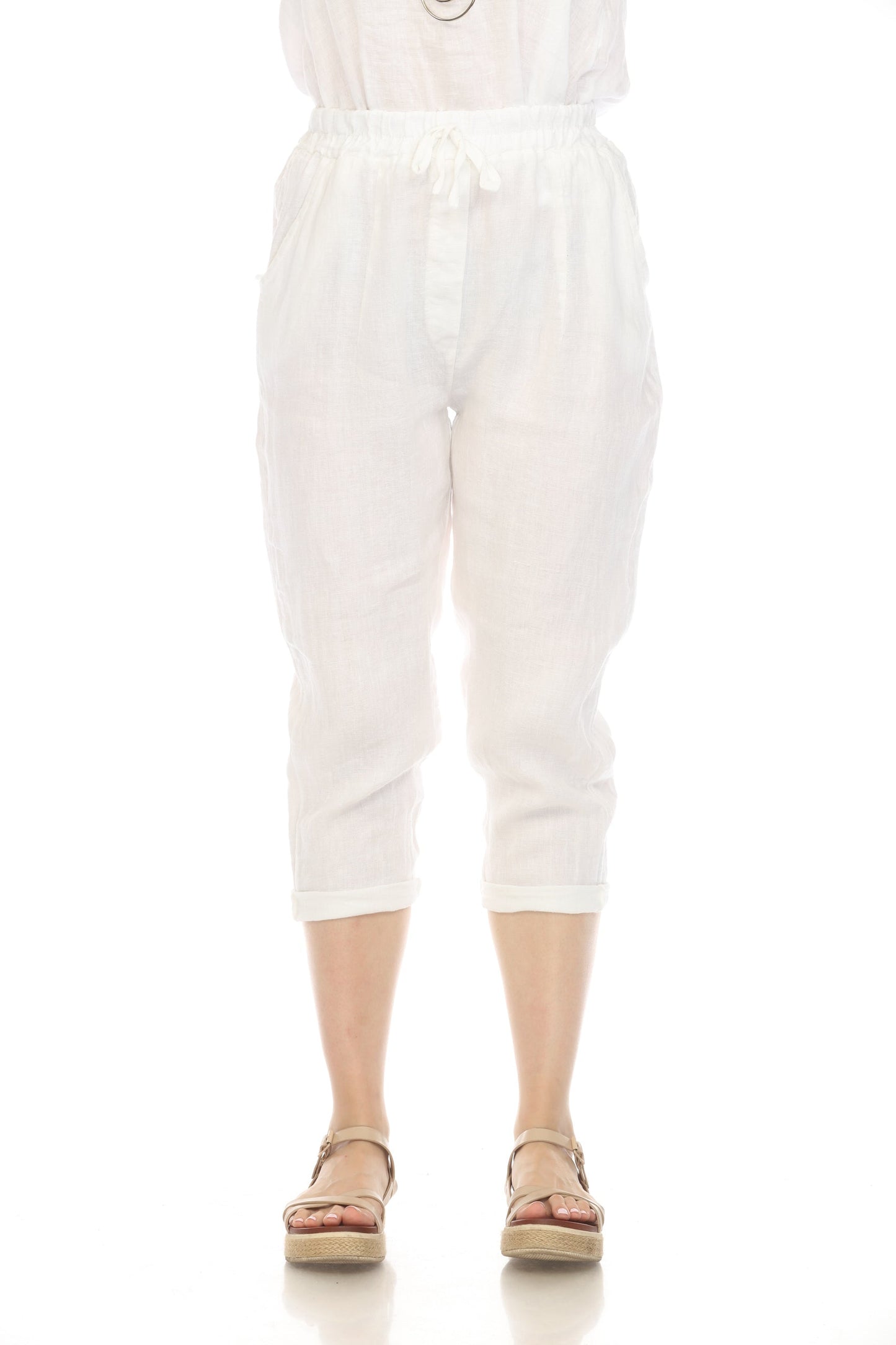 White Cropped style Drawstring Pockets Pant