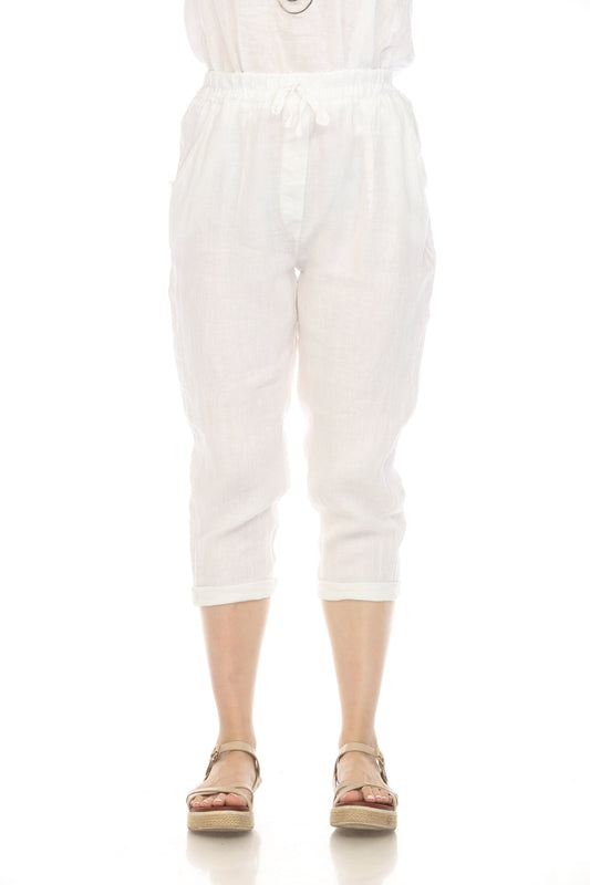 White Cropped style Drawstring Pockets Pant