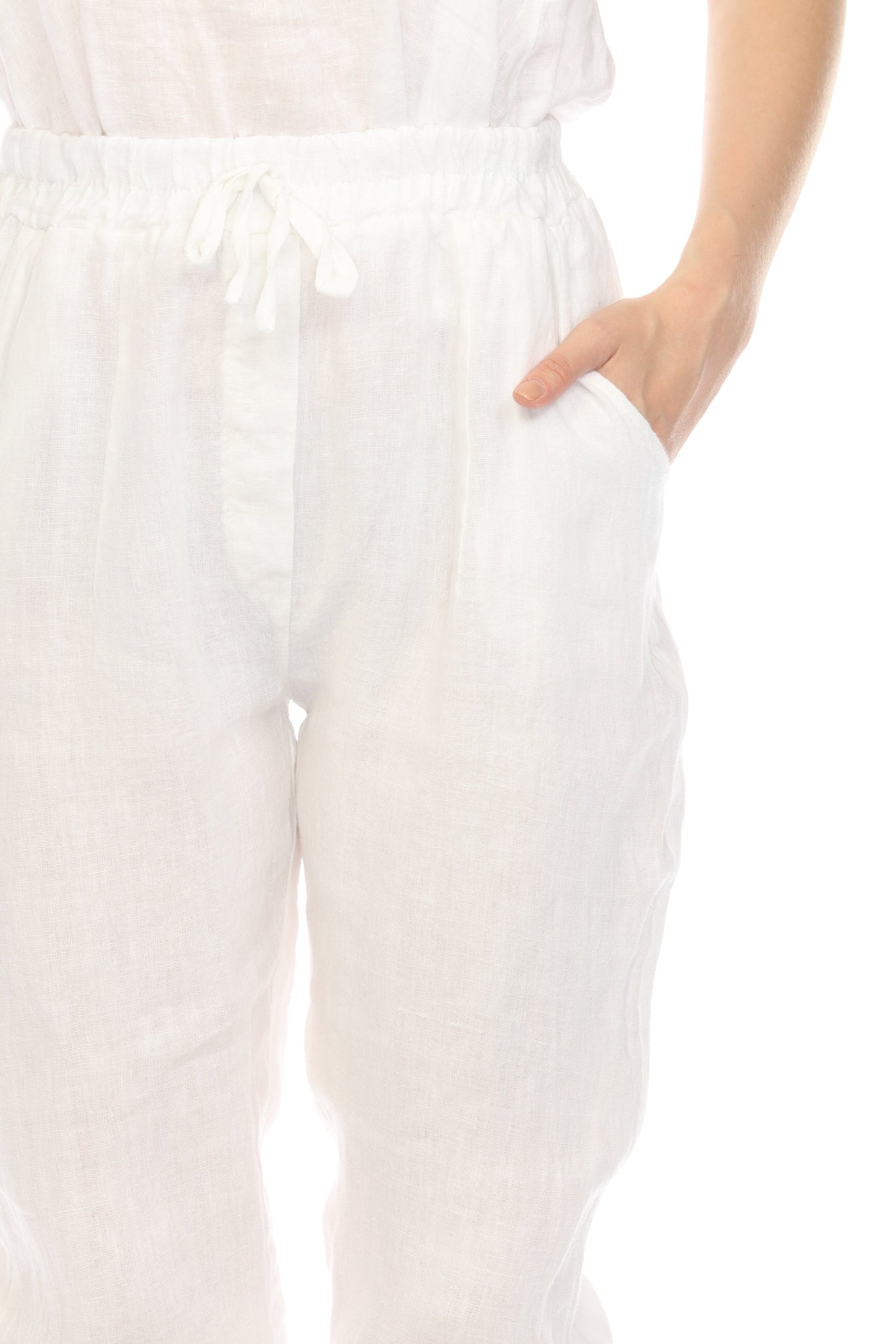 White Cropped style Drawstring Pockets Pant