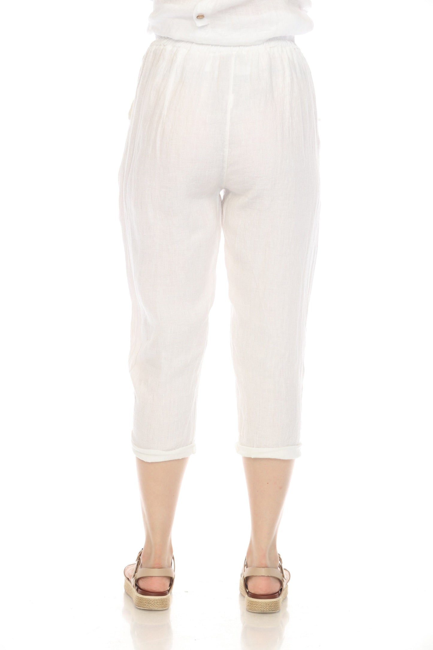 White Cropped style Drawstring Pockets Pant
