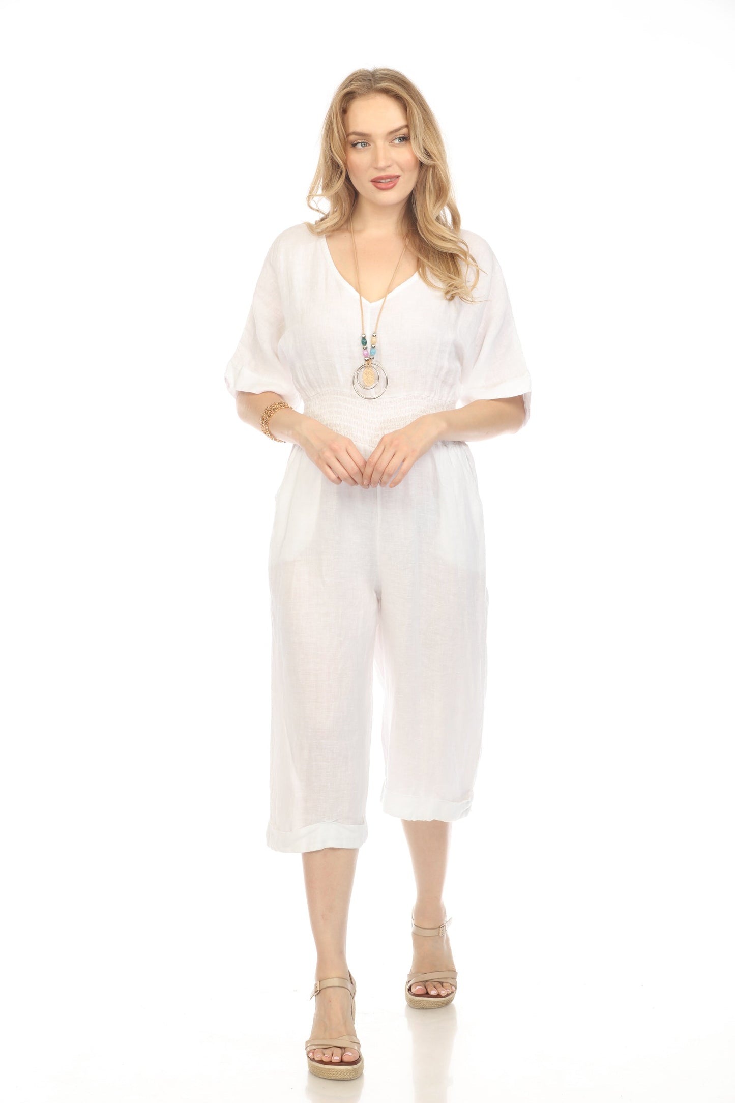White Half Sleeves Elastic Waist Jumpsuit