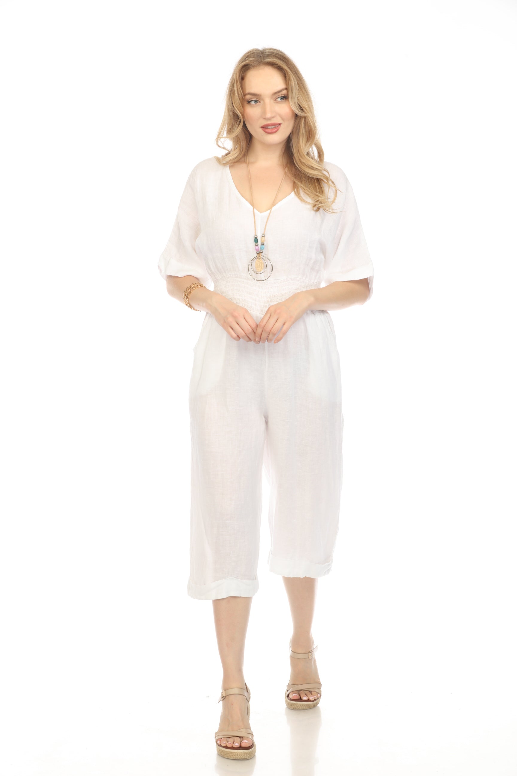 White Half Sleeves Elastic Waist Jumpsuit