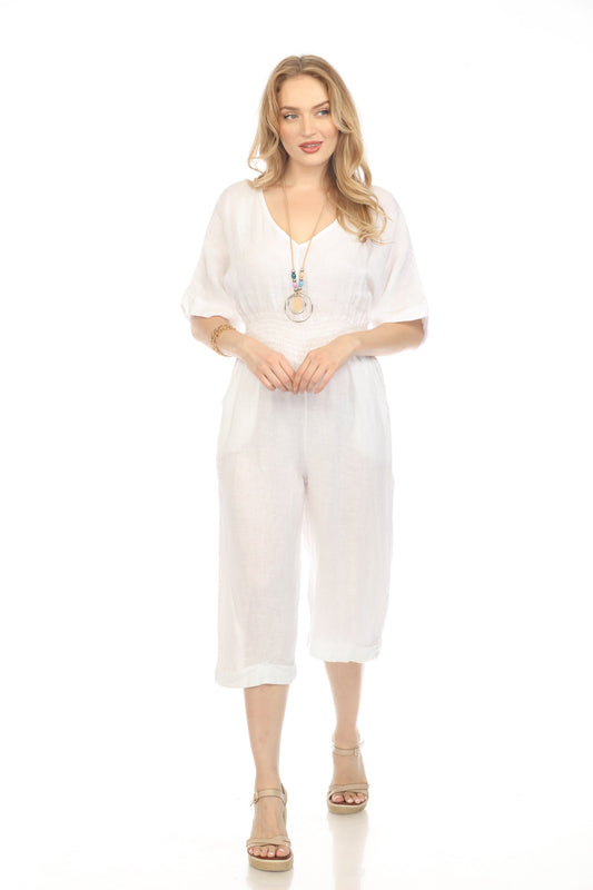 White Half Sleeves Elastic Waist Jumpsuit