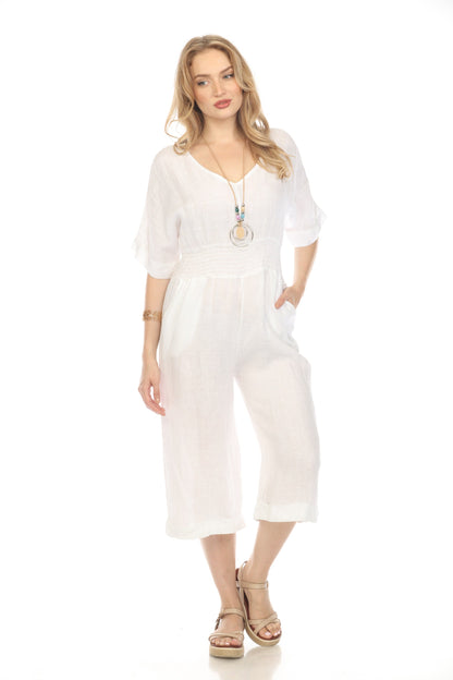 White Half Sleeves Elastic Waist Jumpsuit