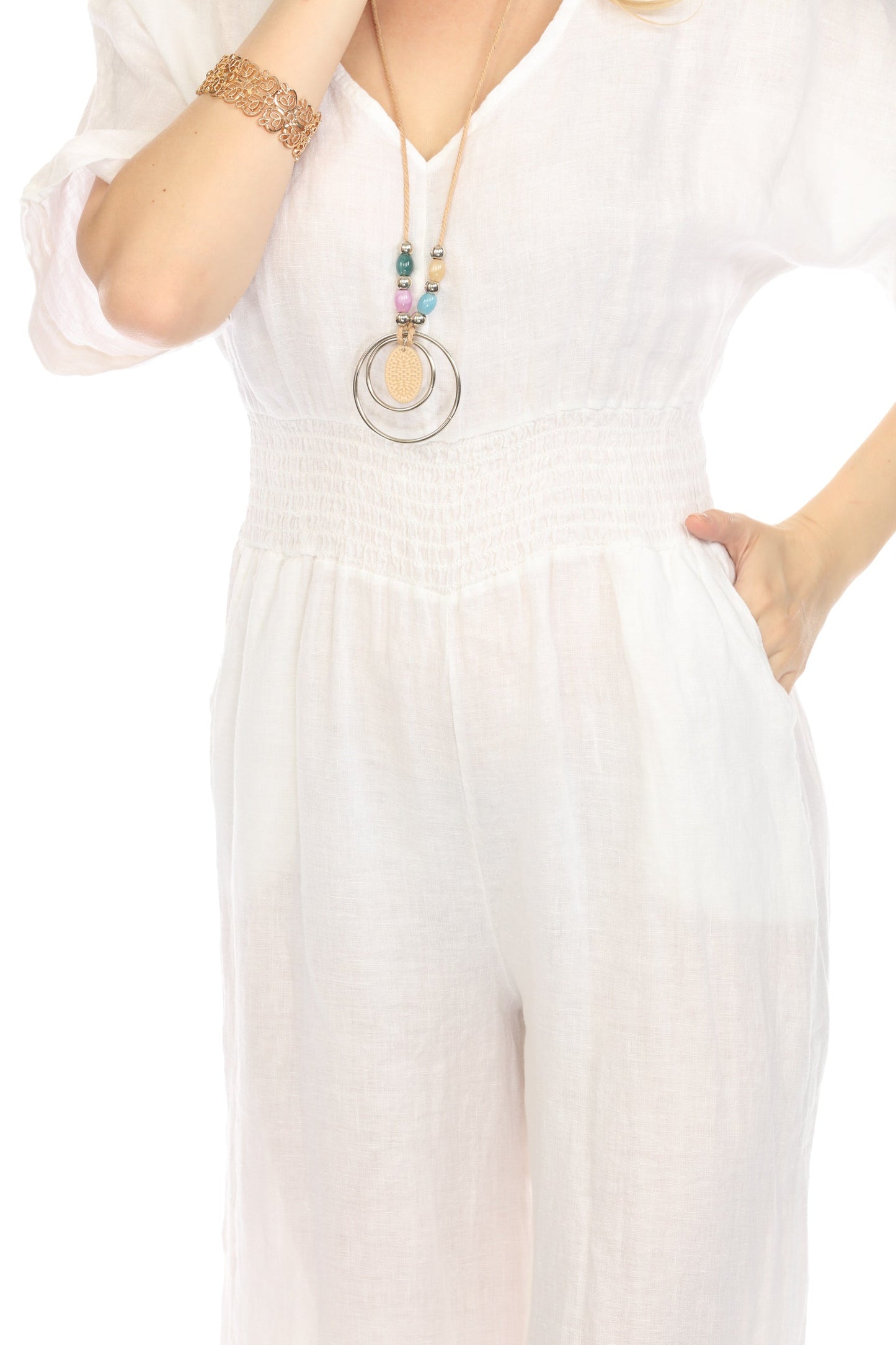 White Half Sleeves Elastic Waist Jumpsuit