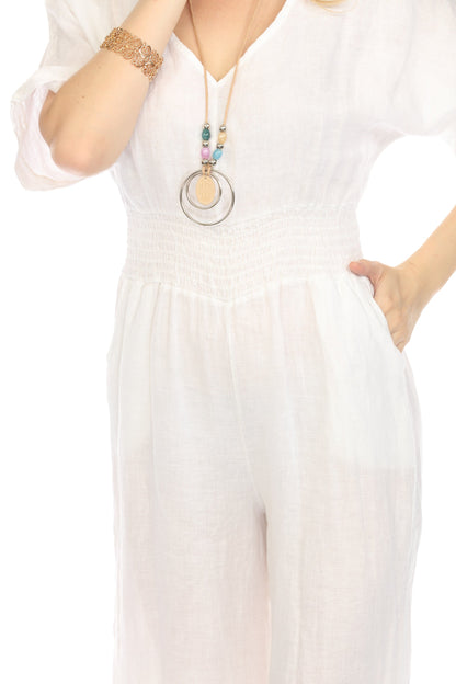 White Half Sleeves Elastic Waist Jumpsuit