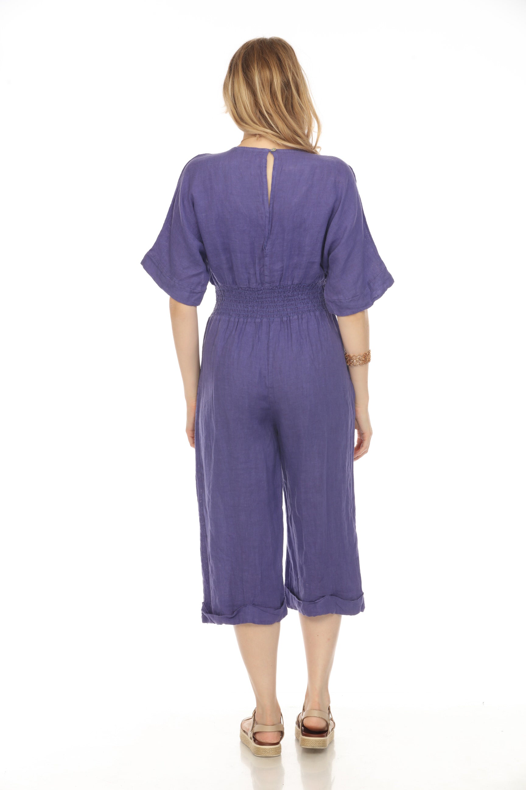 Purple Half Sleeves Elastic Waist Jumpsuit