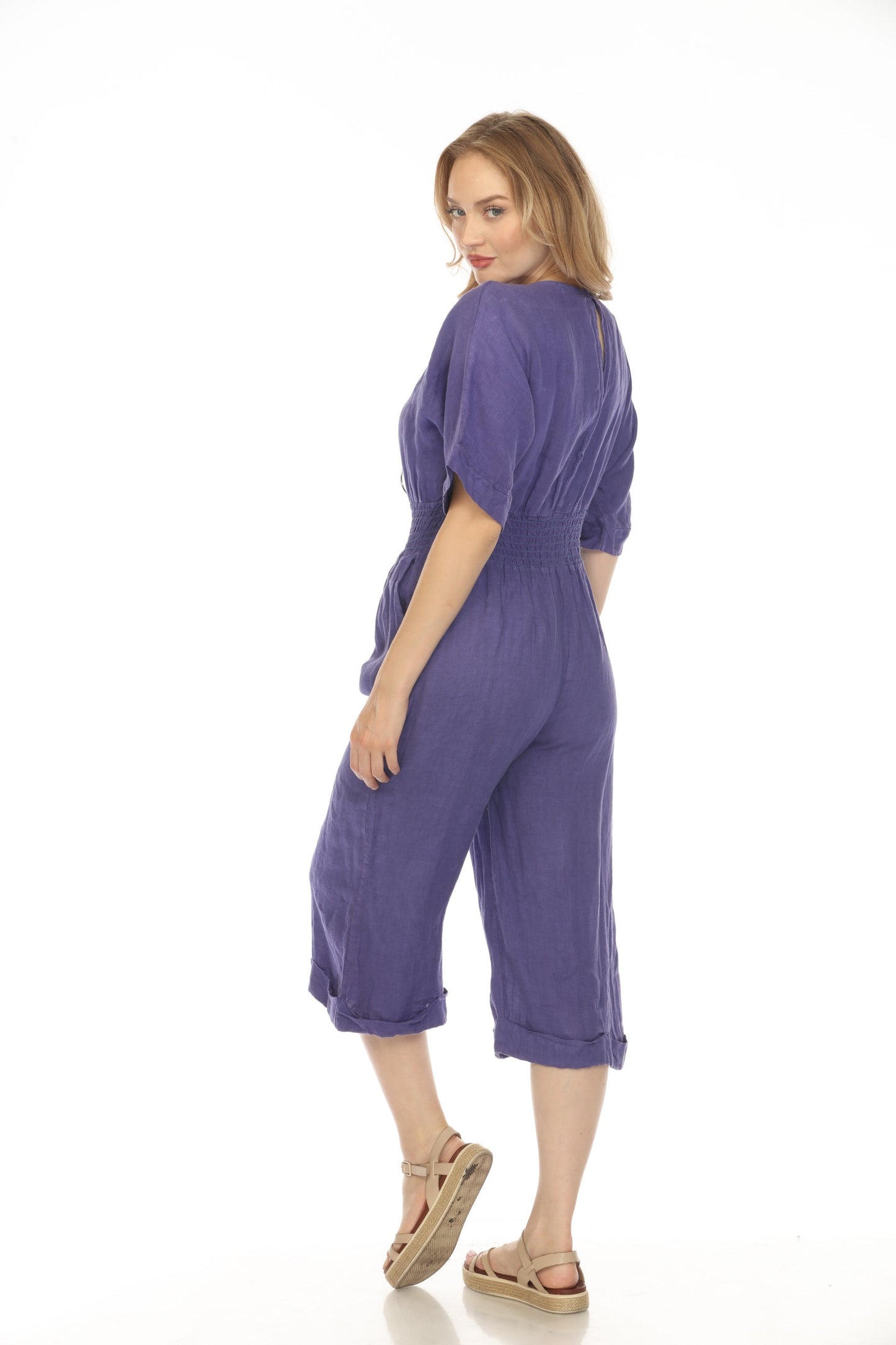 Purple Half Sleeves Elastic Waist Jumpsuit