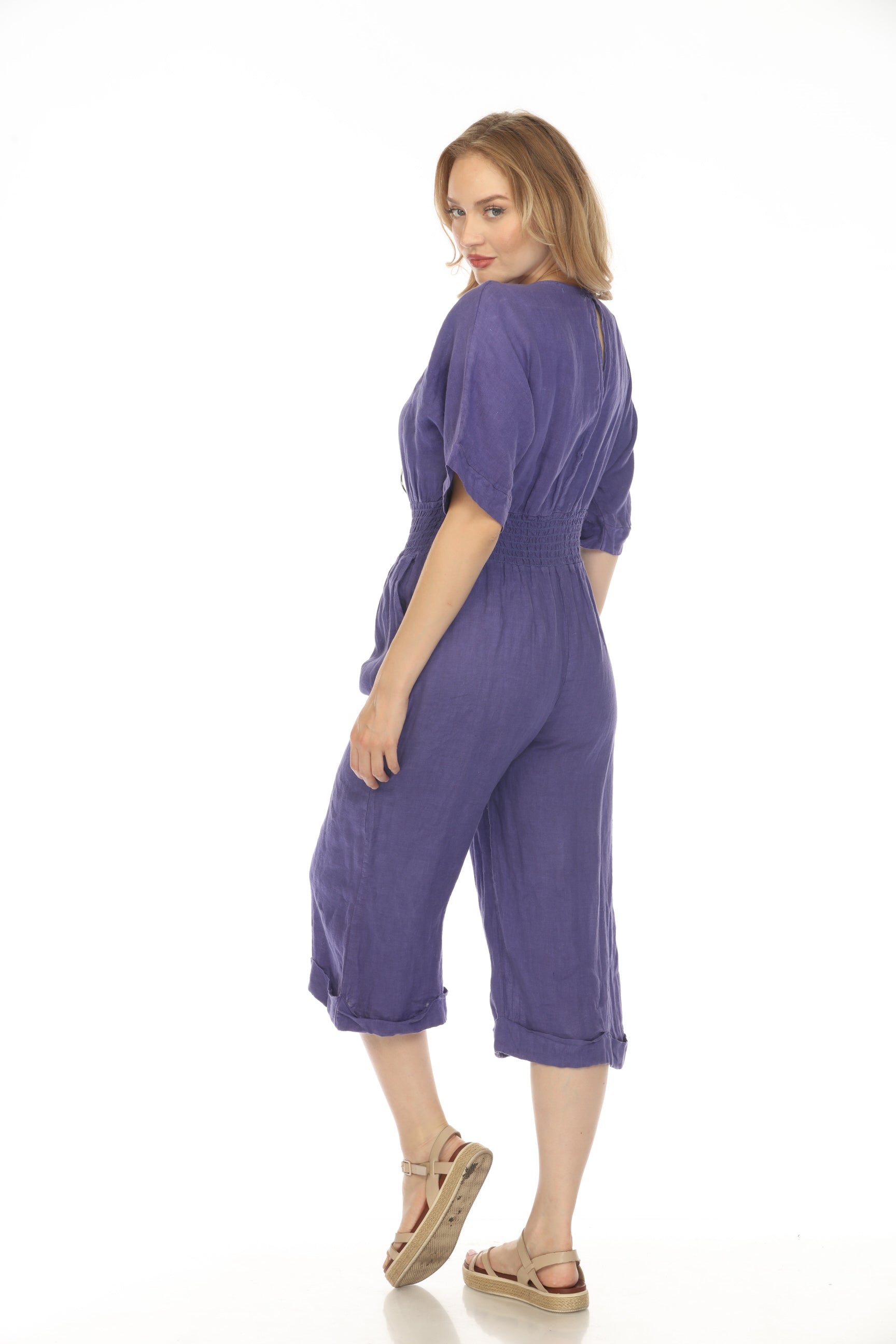 Purple Half Sleeves Elastic Waist Jumpsuit