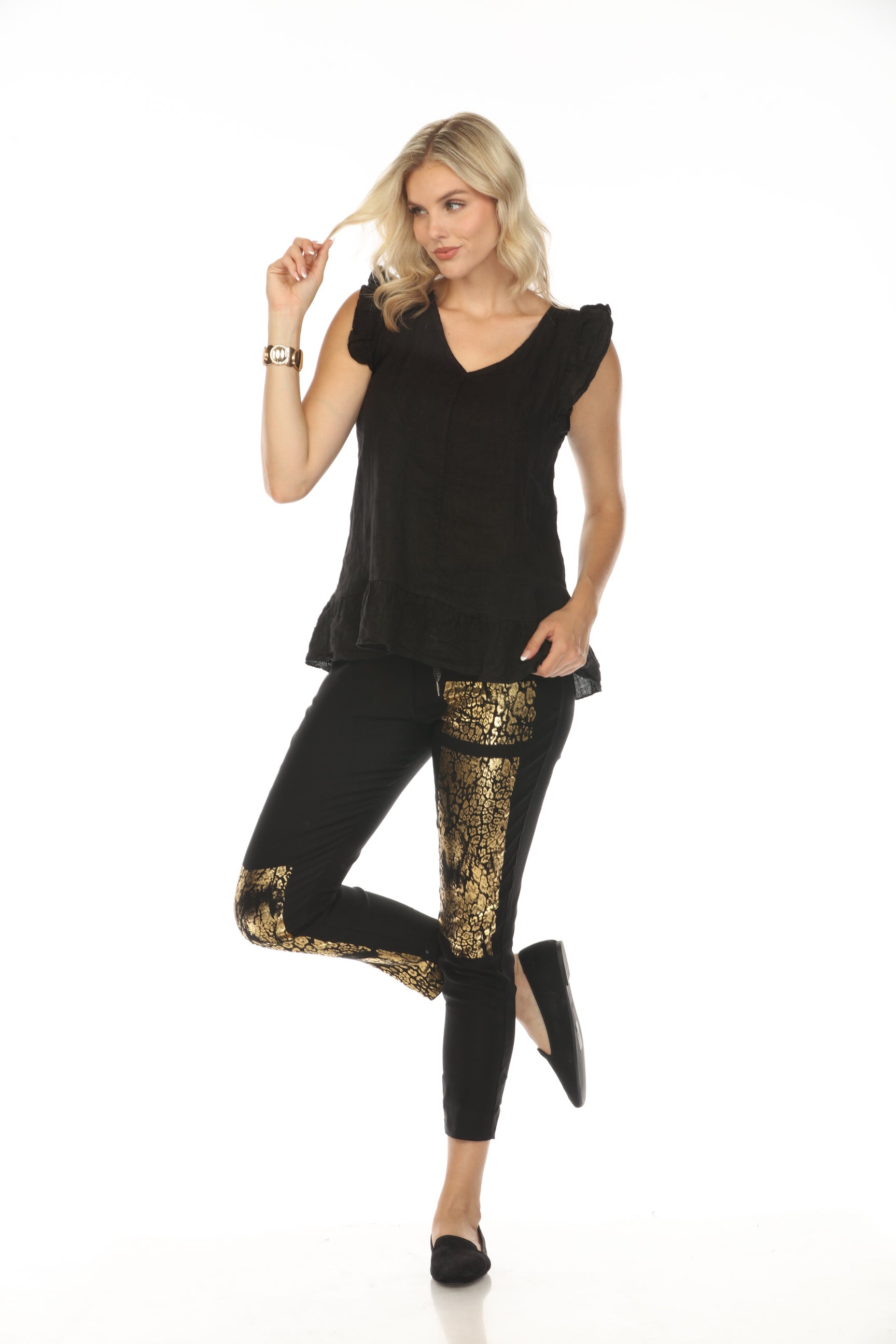 Black Gold Detail Strachable Pant with Drawstring