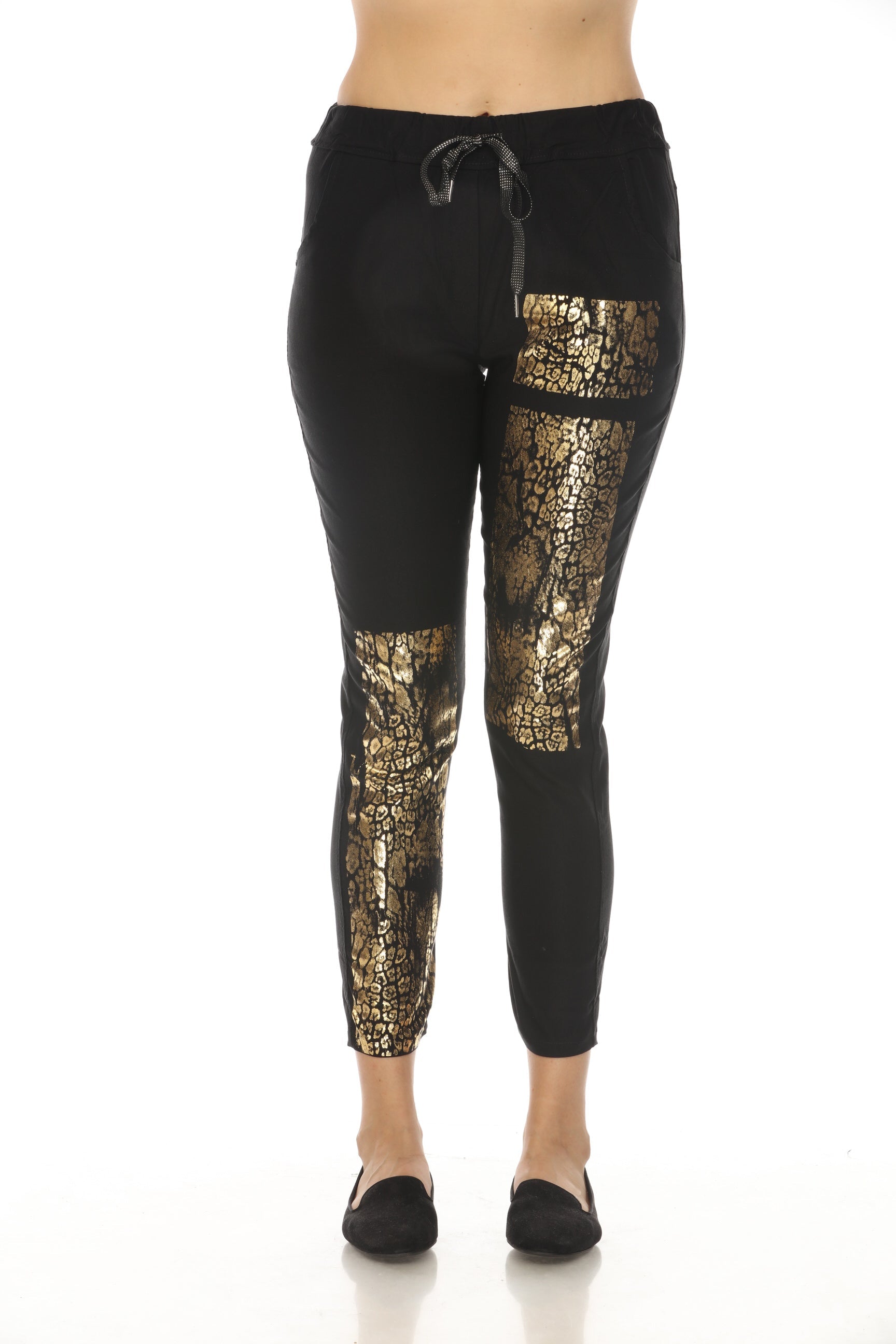 Black Gold Detail Strachable Pant with Drawstring