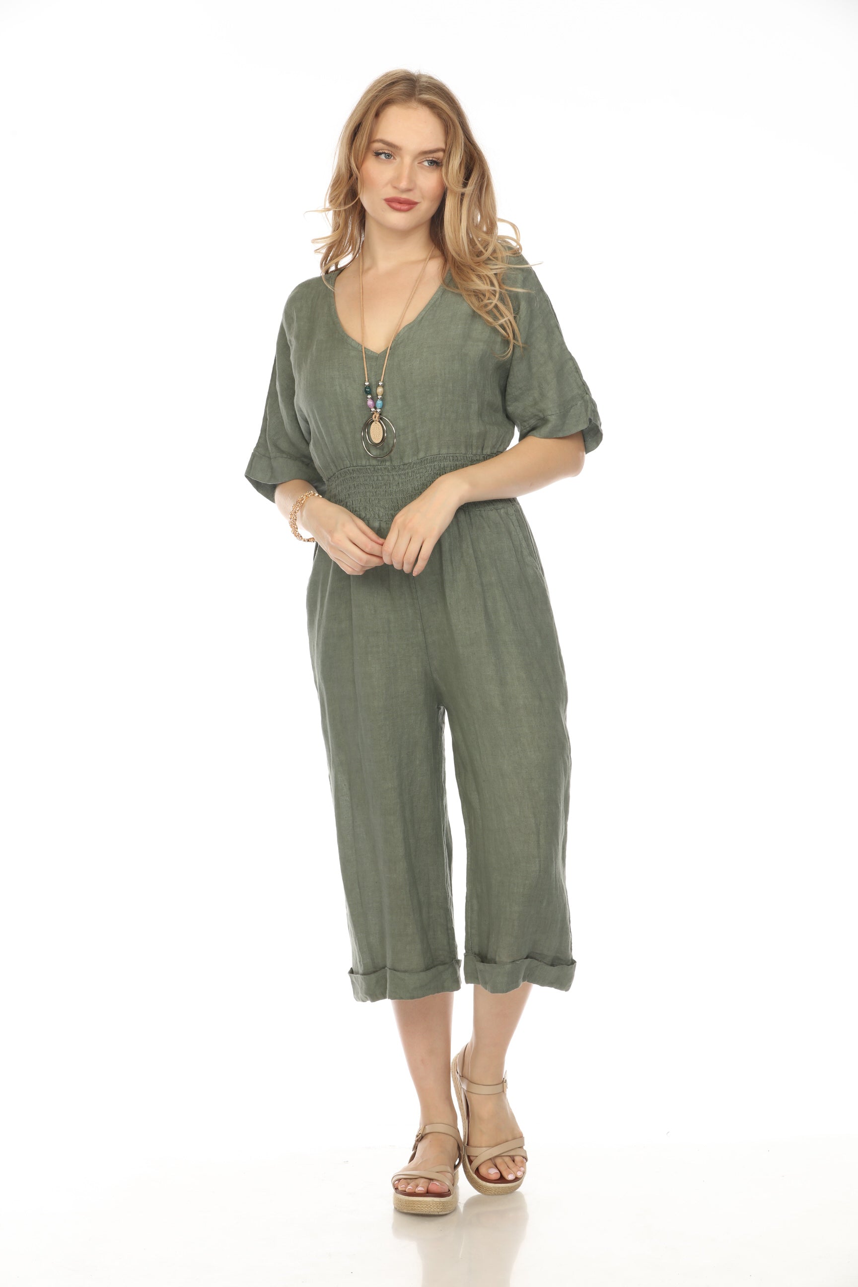 Olive Half Sleeves Elastic Waist Jumpsuit