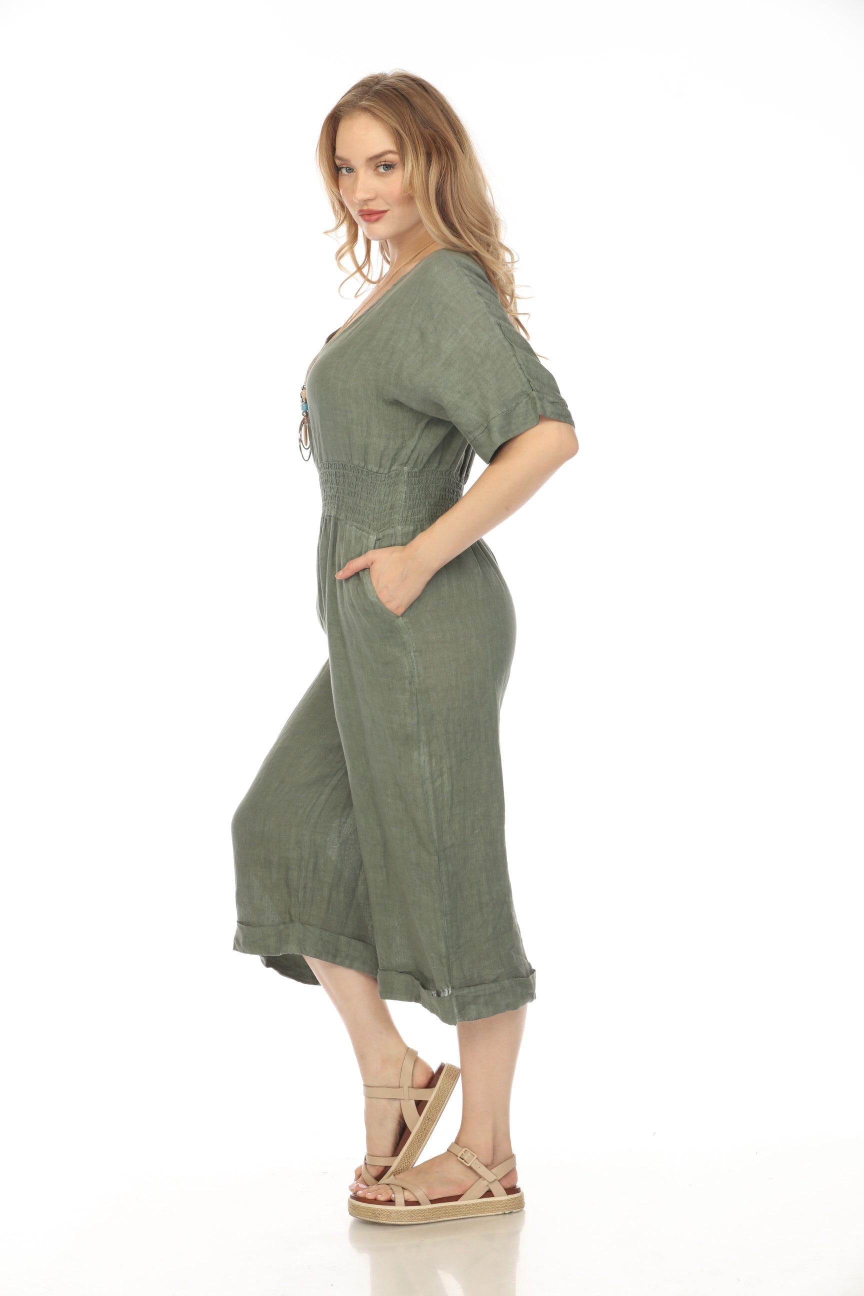 Olive Half Sleeves Elastic Waist Jumpsuit