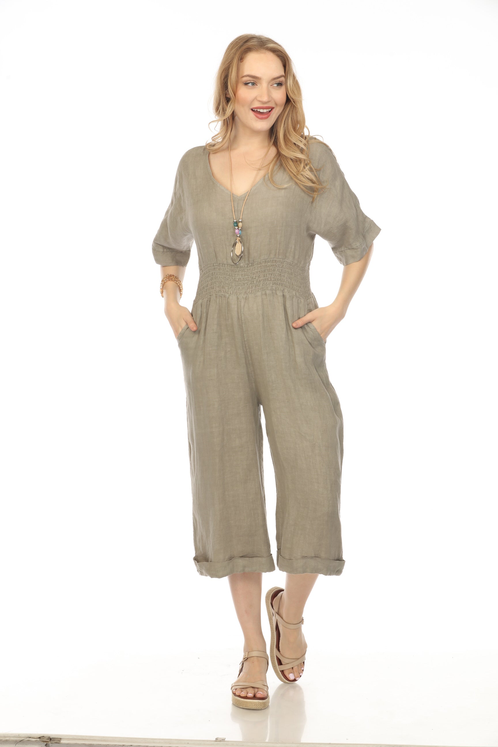 Taupe Half Sleeves Elastic Waist Jumpsuit