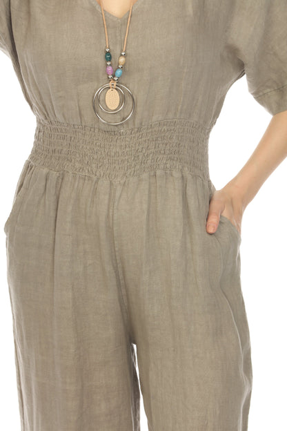 Taupe Half Sleeves Elastic Waist Jumpsuit