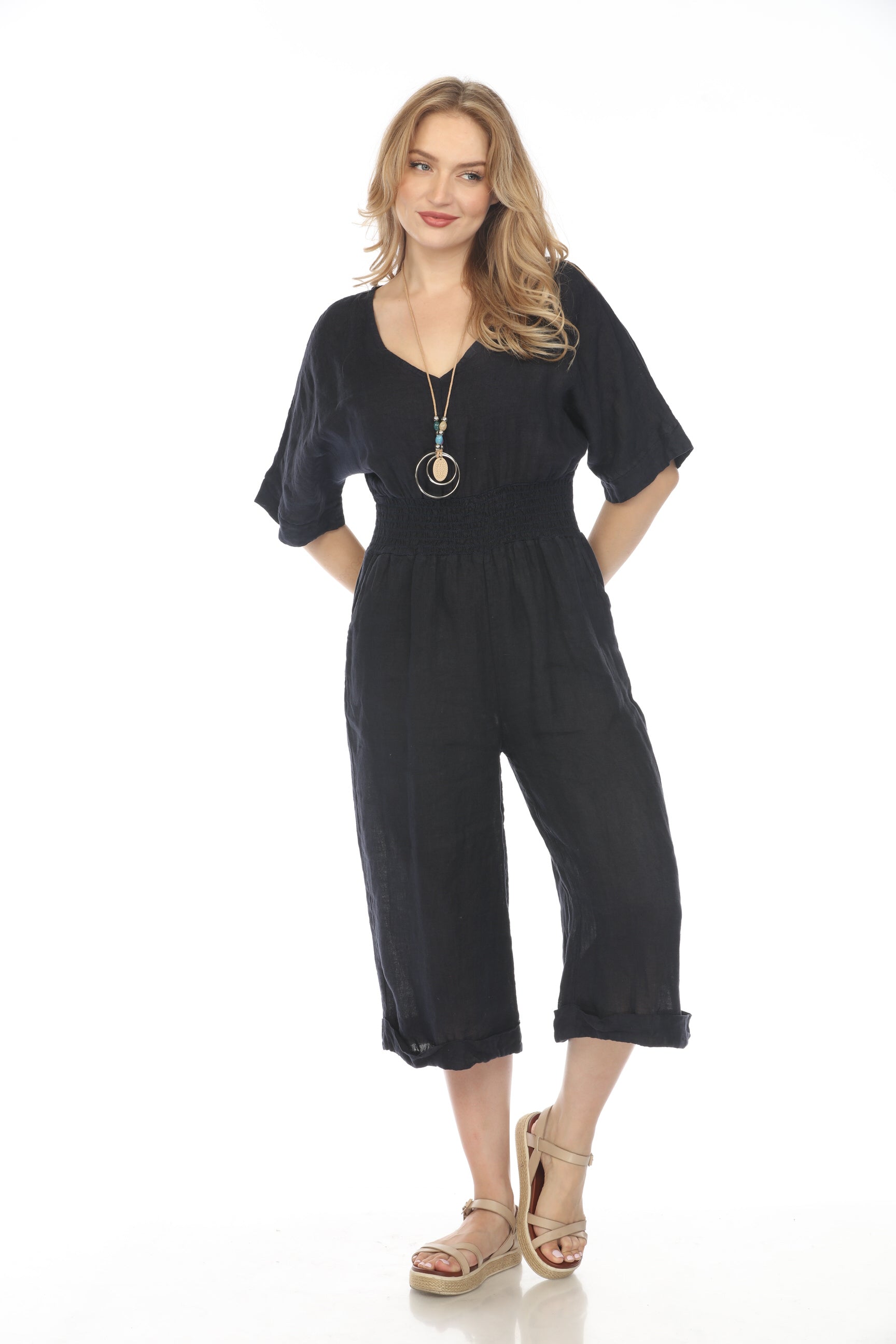 Navy Half Sleeves Elastic Waist Jumpsuit