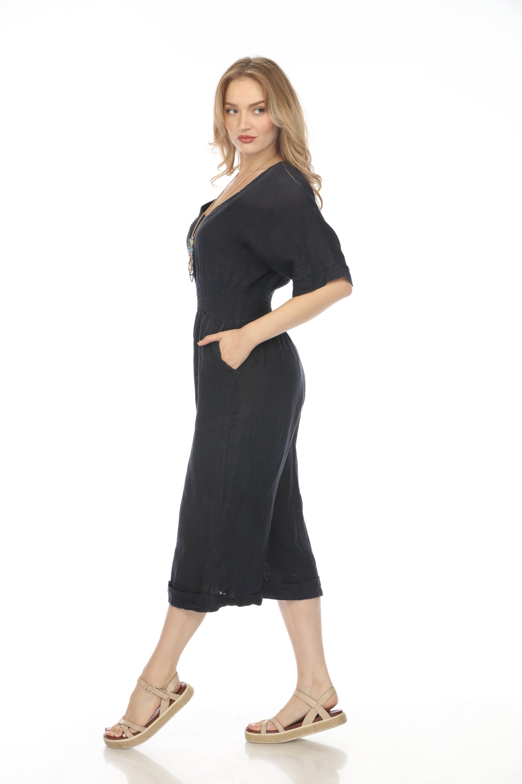 Navy Half Sleeves Elastic Waist Jumpsuit