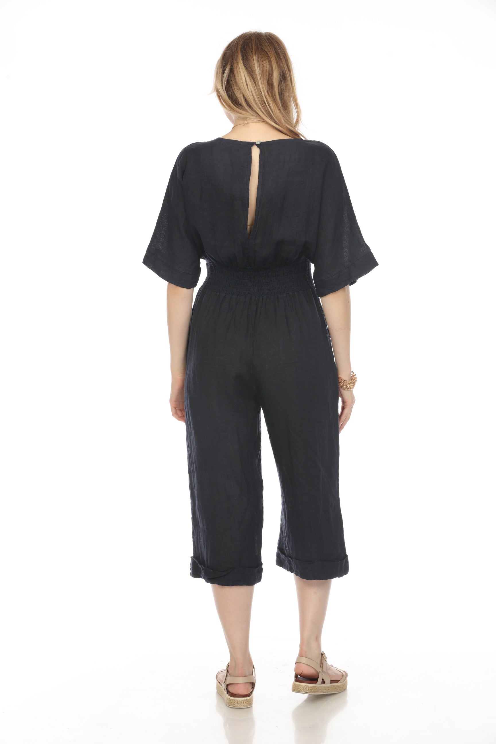 Navy Half Sleeves Elastic Waist Jumpsuit