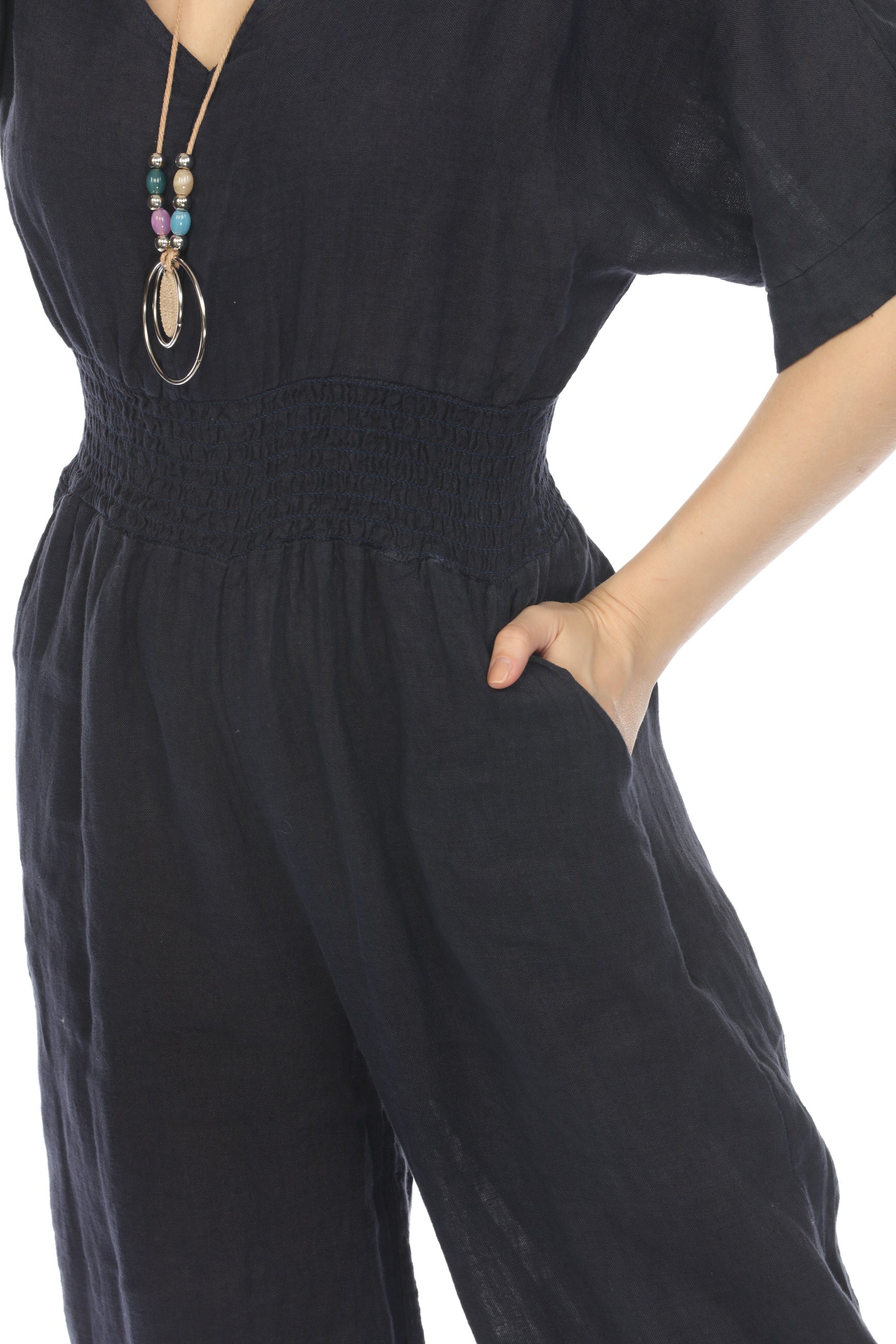 Navy Half Sleeves Elastic Waist Jumpsuit