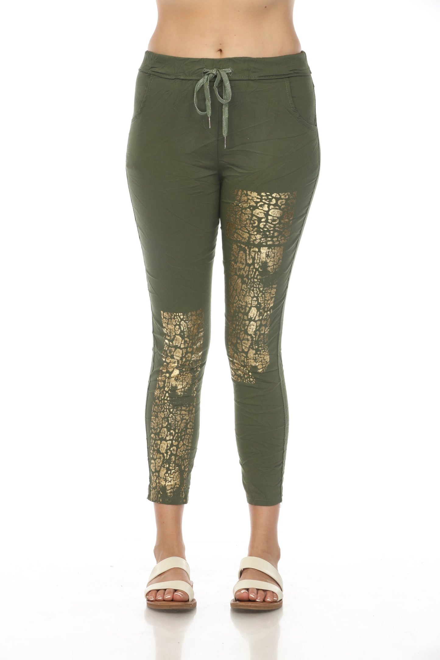 Moss Green Gold Detail Strachable Pant with Drawstring