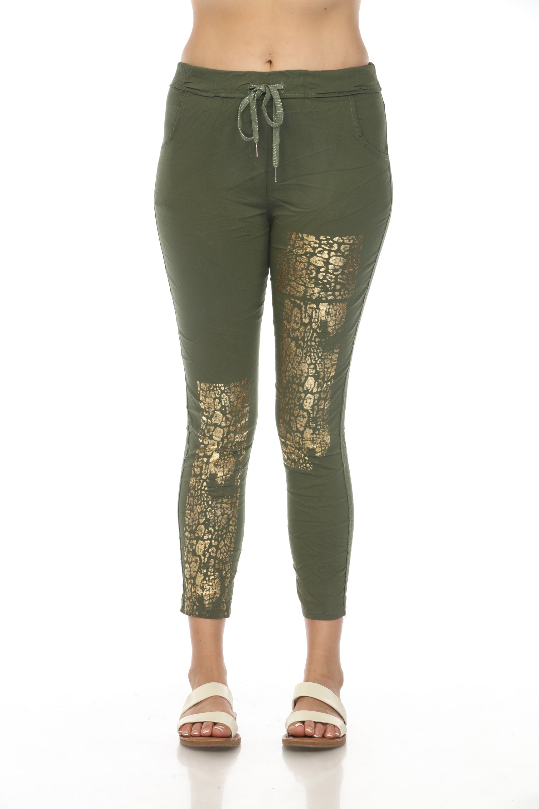 Moss Green Gold Detail Strachable Pant with Drawstring