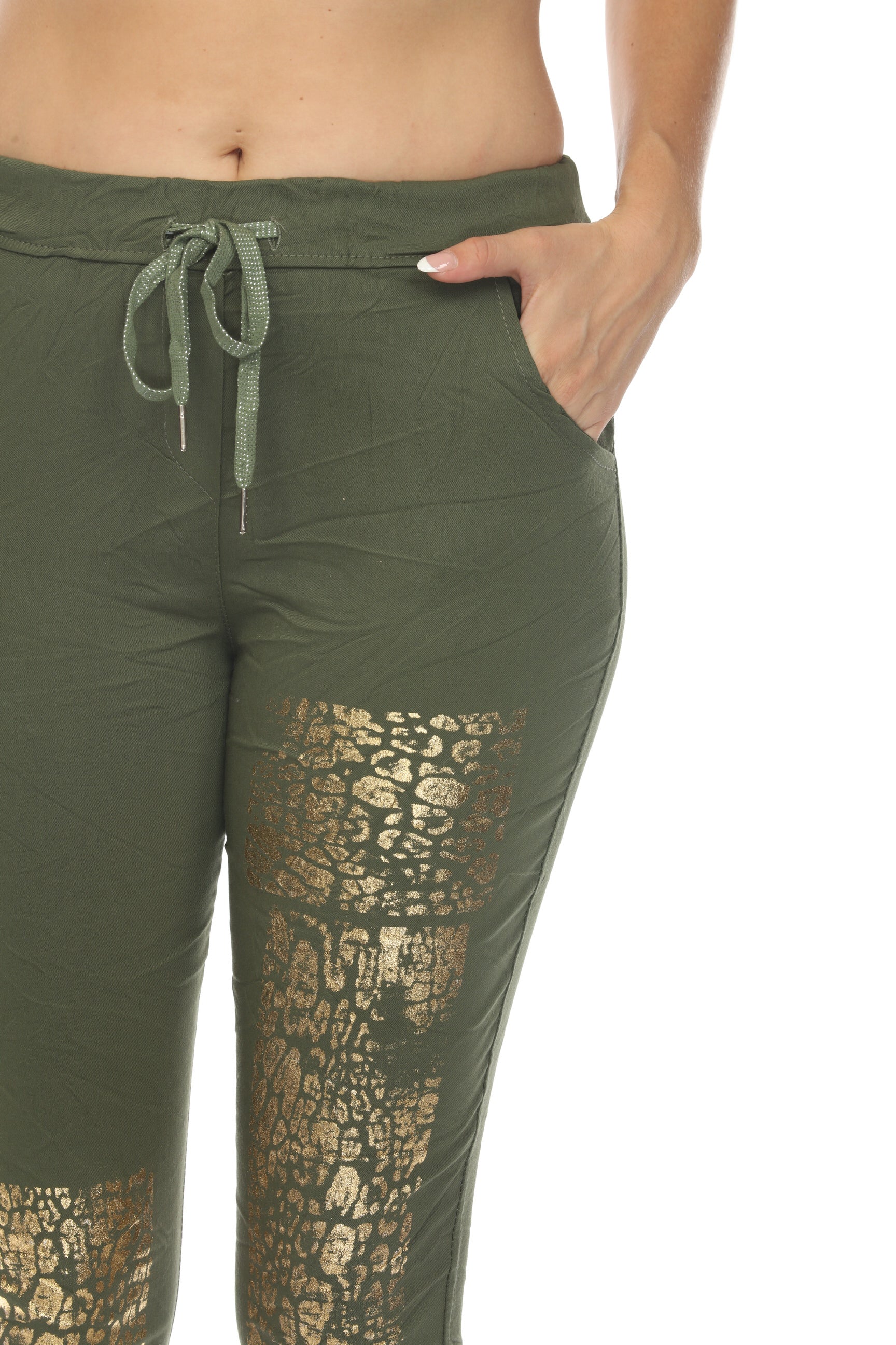 Moss Green Gold Detail Strachable Pant with Drawstring