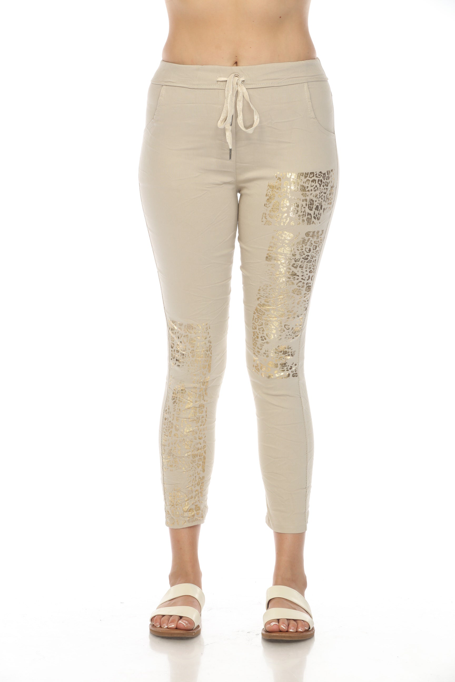 Beige Gold Detail Strachable Pant with Drawstring