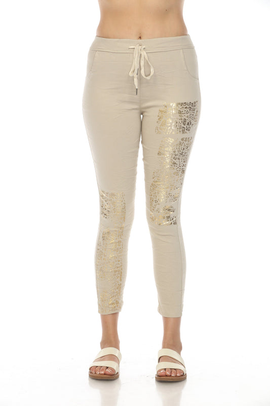 Beige Gold Detail Strachable Pant with Drawstring