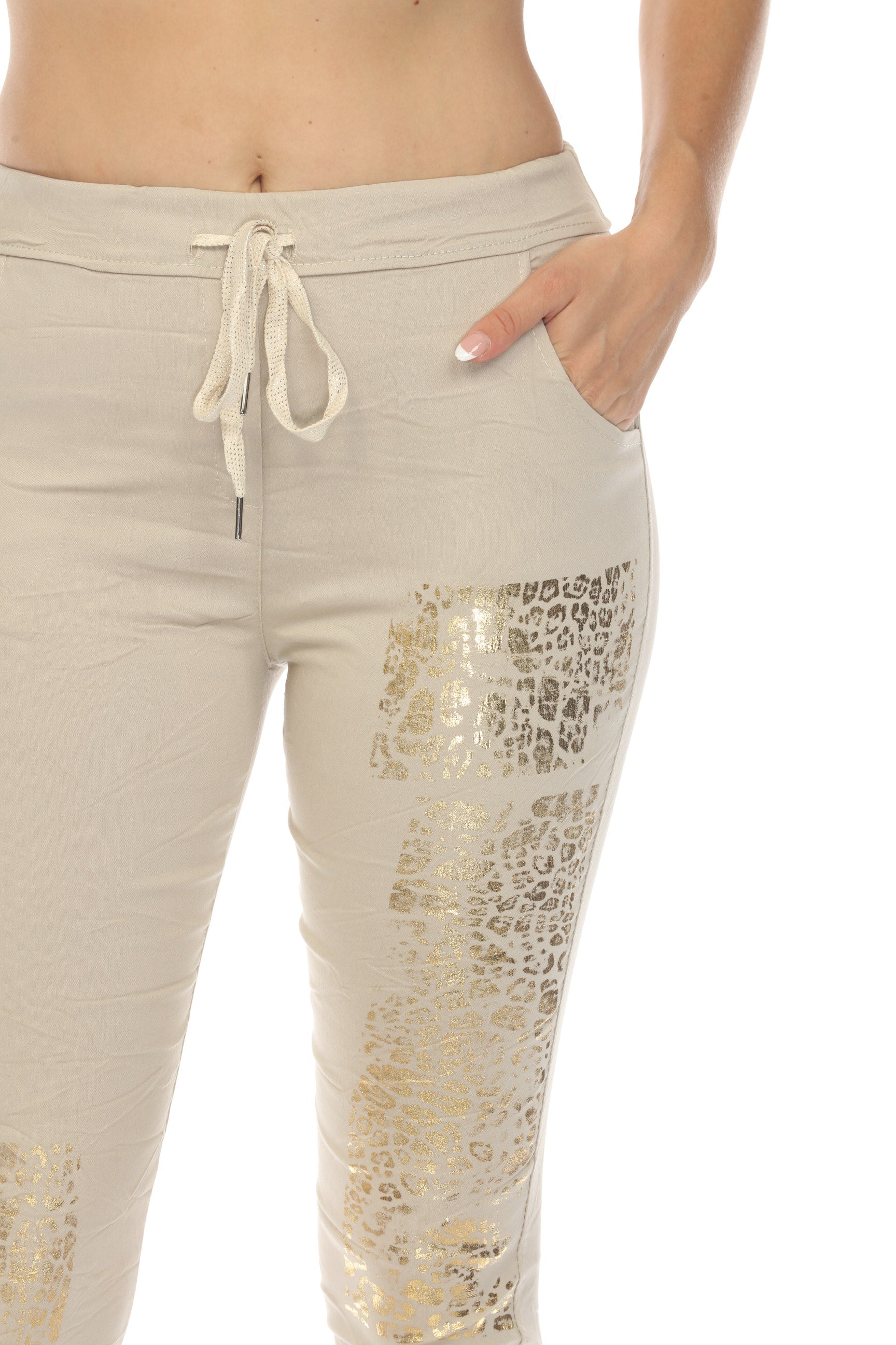 Beige Gold Detail Strachable Pant with Drawstring