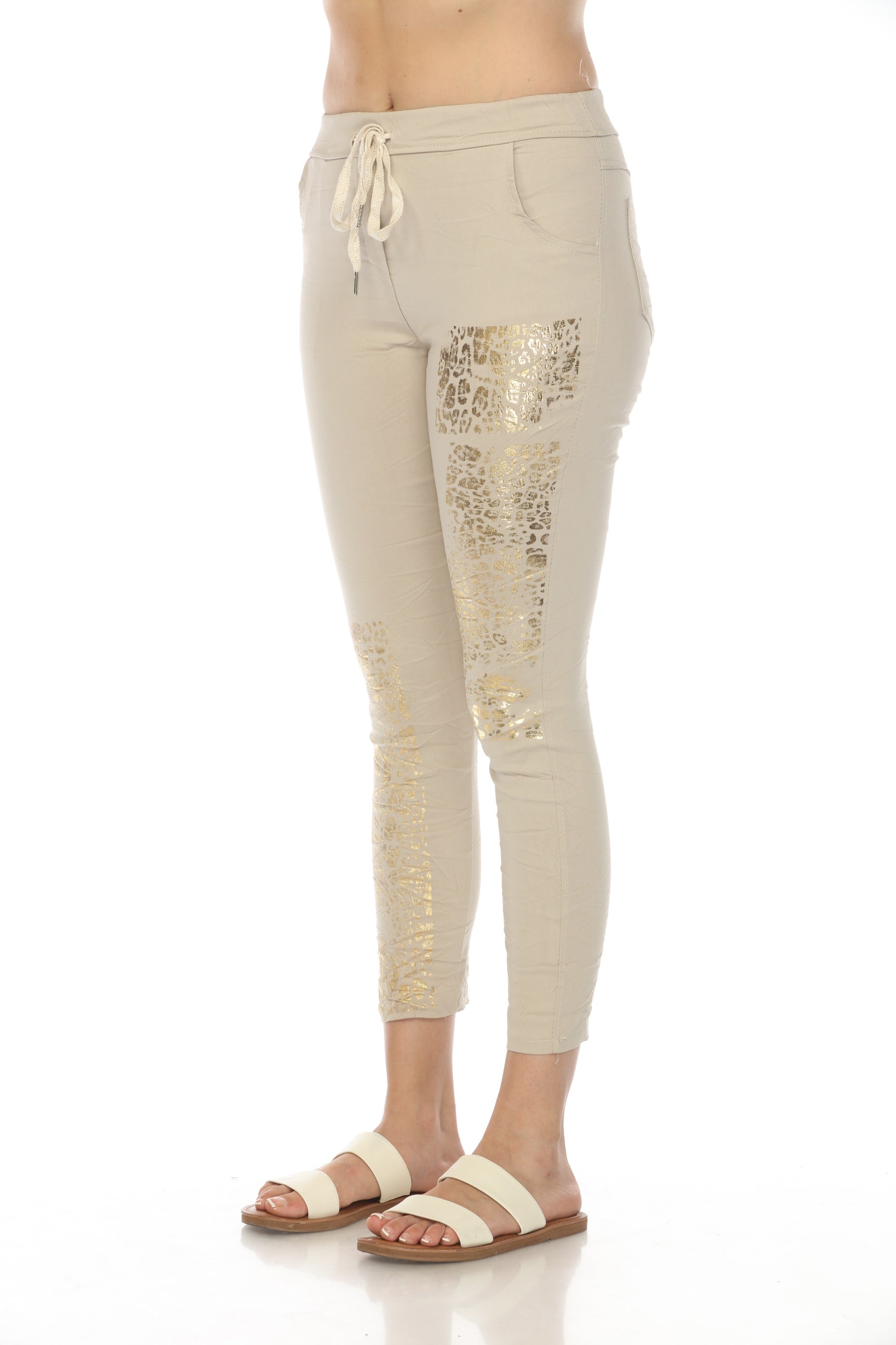 Beige Gold Detail Strachable Pant with Drawstring