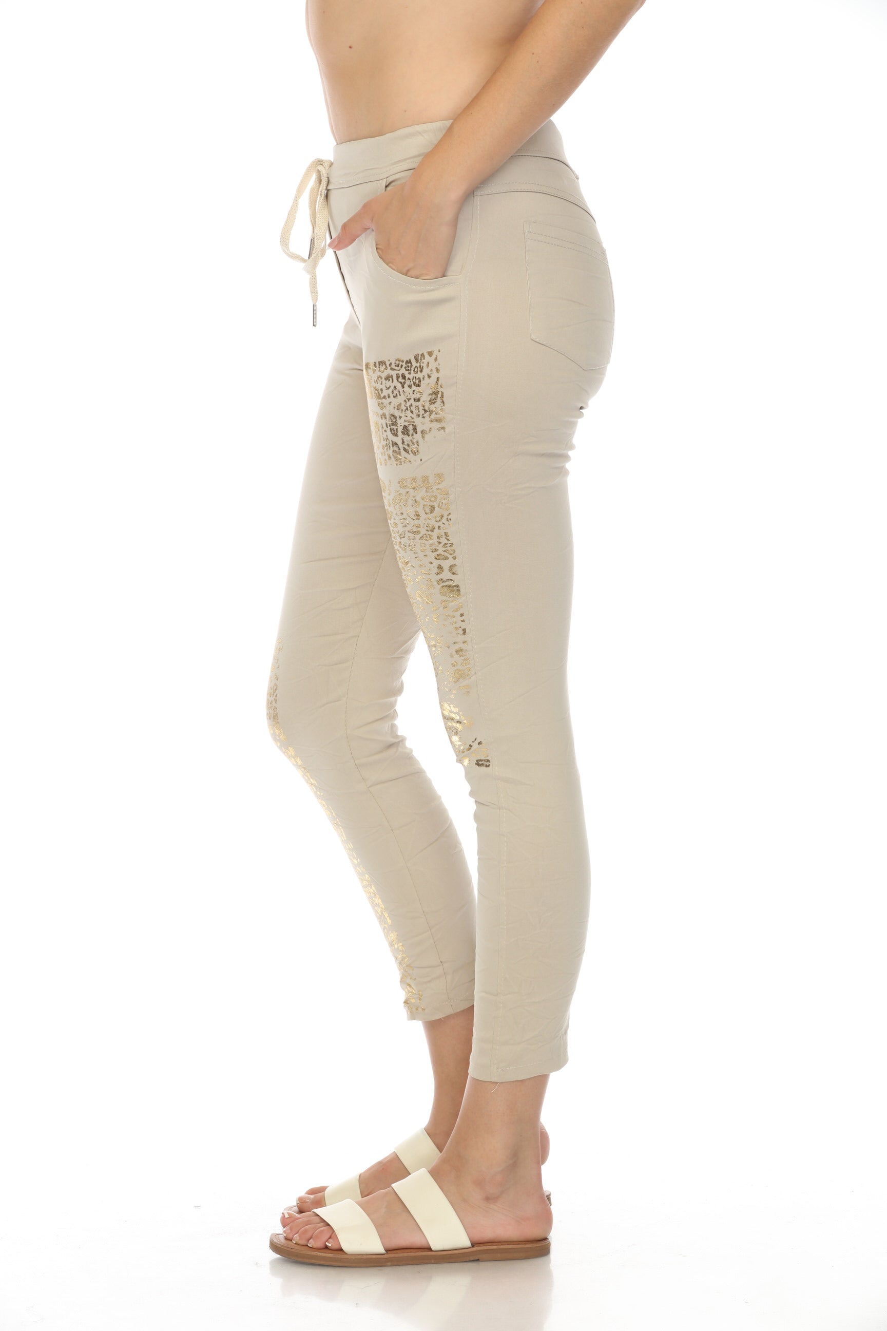 Beige Gold Detail Strachable Pant with Drawstring