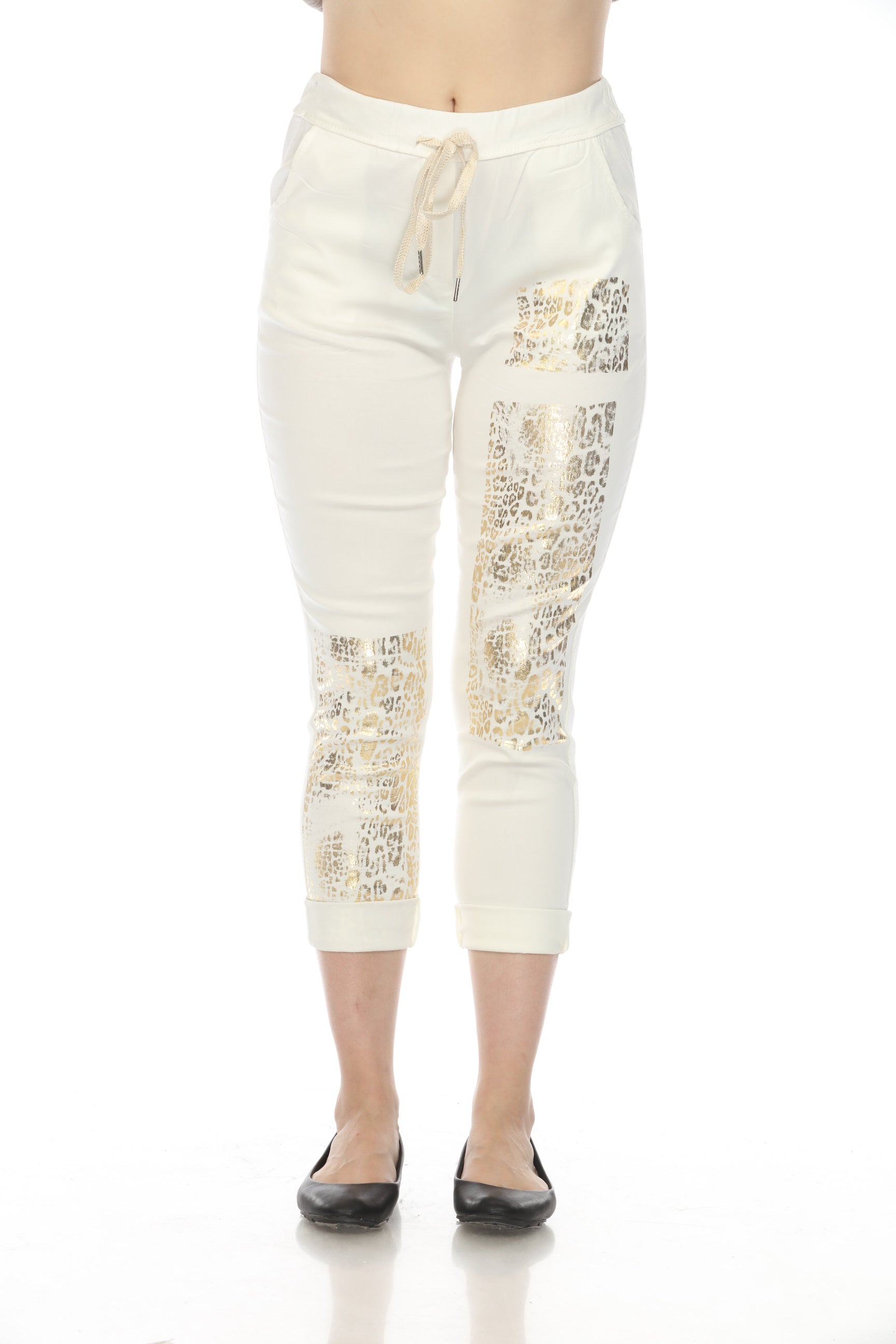 White Gold Detail Strachable Pant with Drawstring