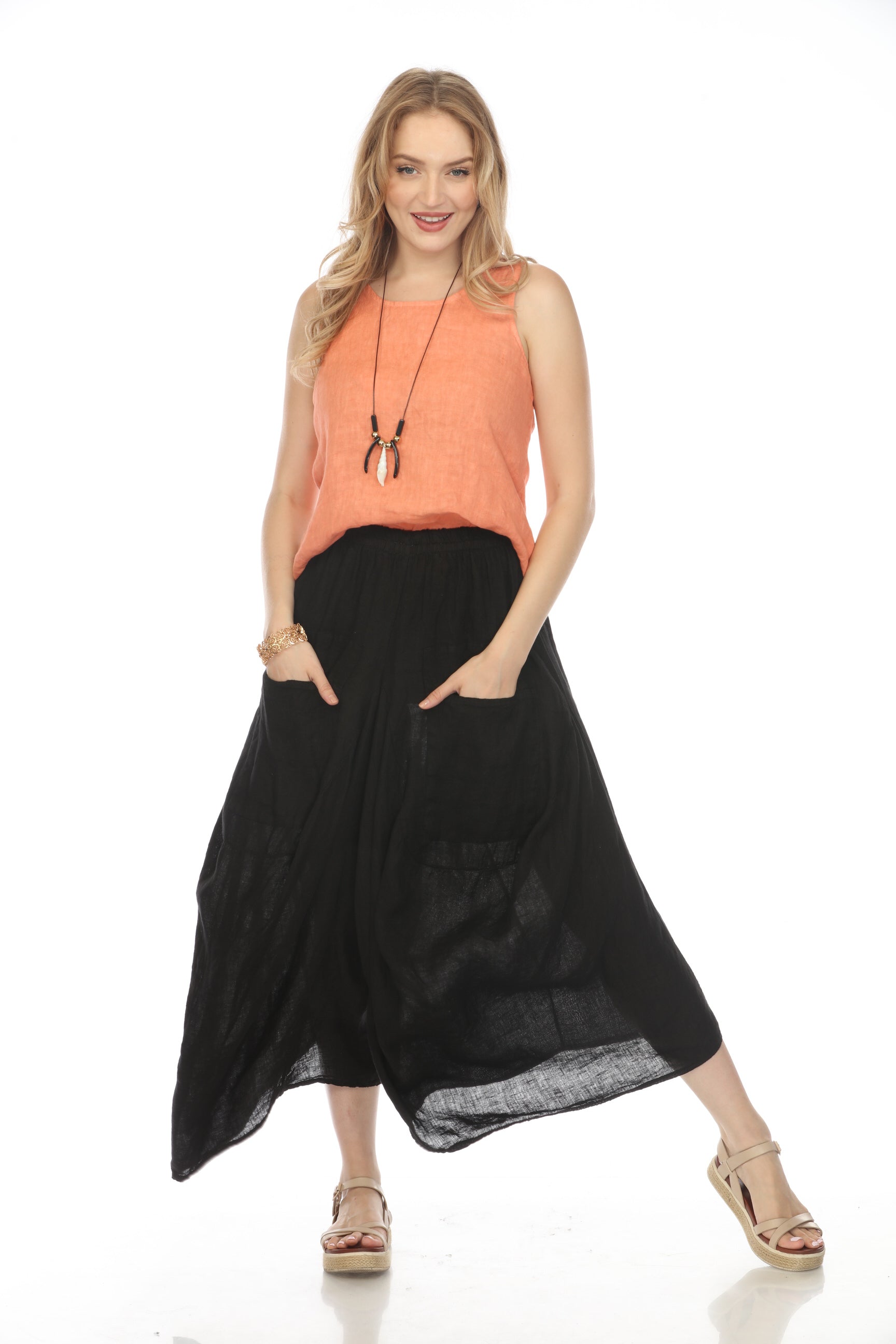 Black Elastic Waist designer Wide Leg Pockets Pant