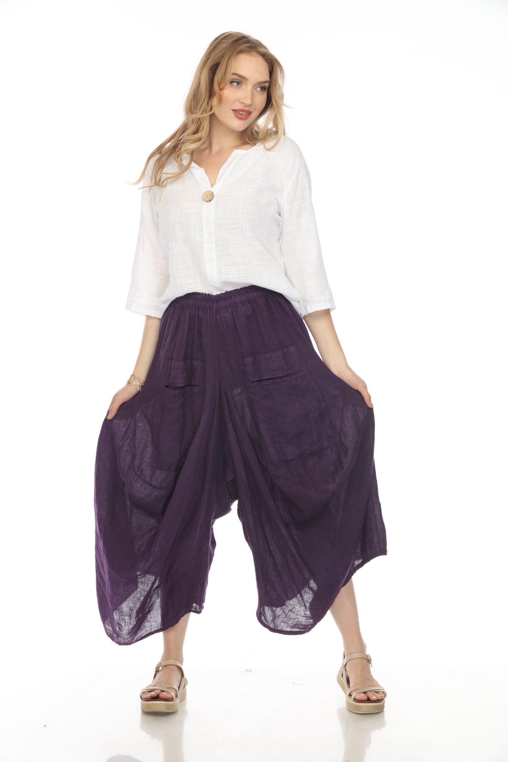 Purple Elastic Waist designer Wide Leg Pockets Pant