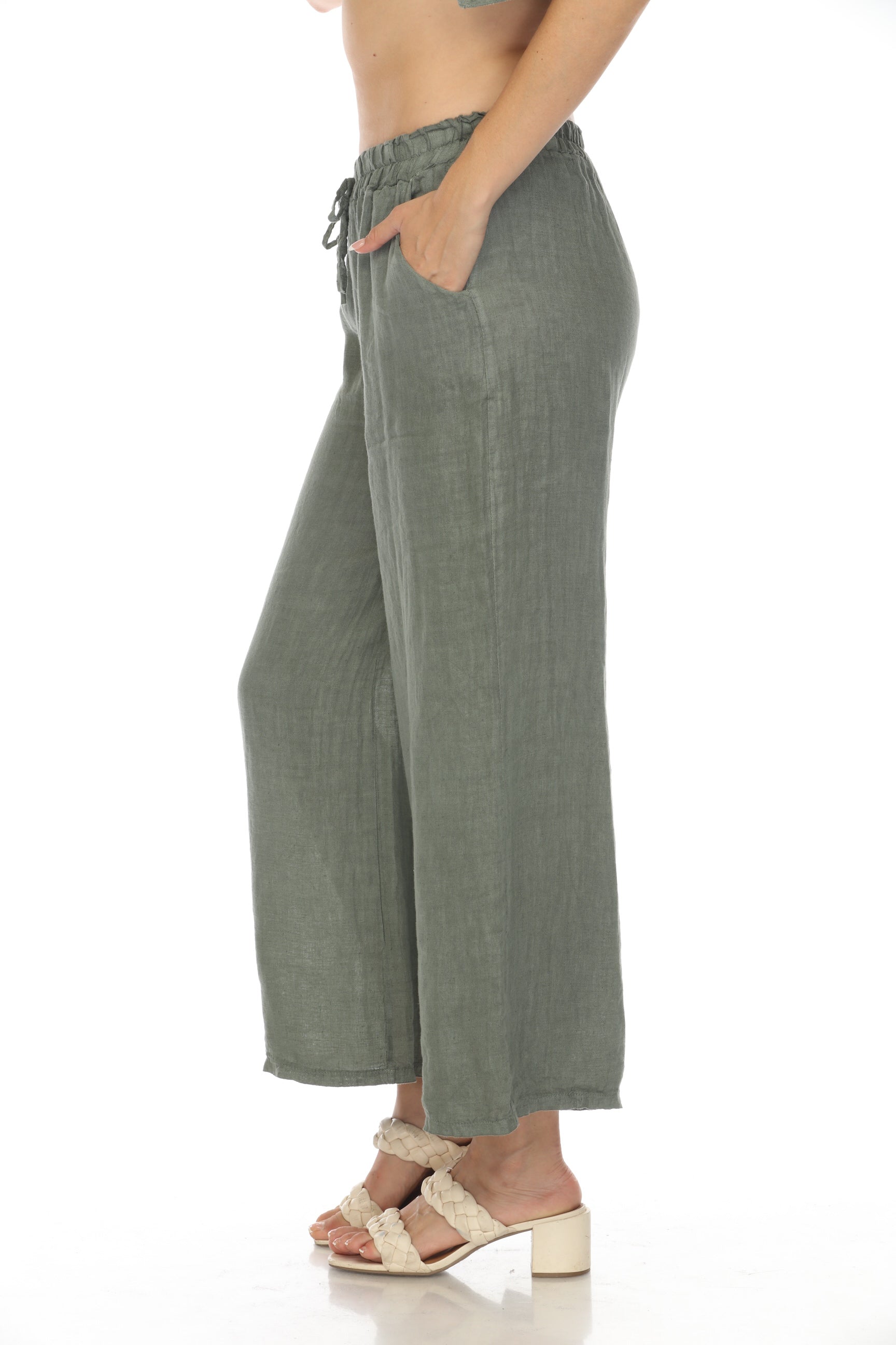 Olive Drawstring Elastic Waist Wide Leg Pant