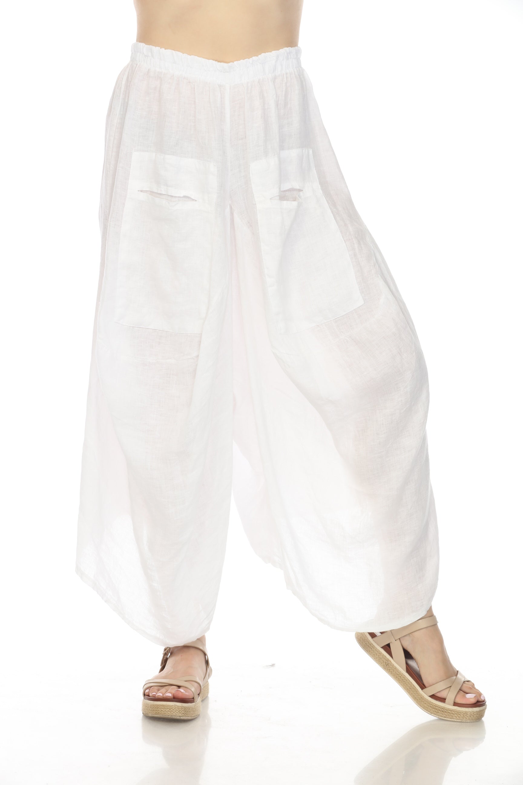 White Elastic Waist designer Wide Leg Pockets Pant