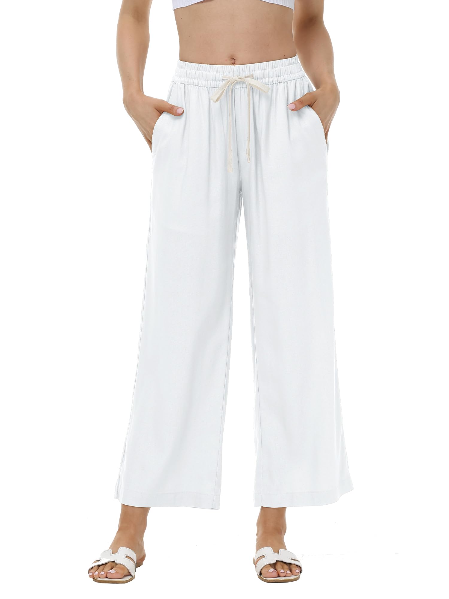 White Drawstring Elastic Waist Wide Leg Pant