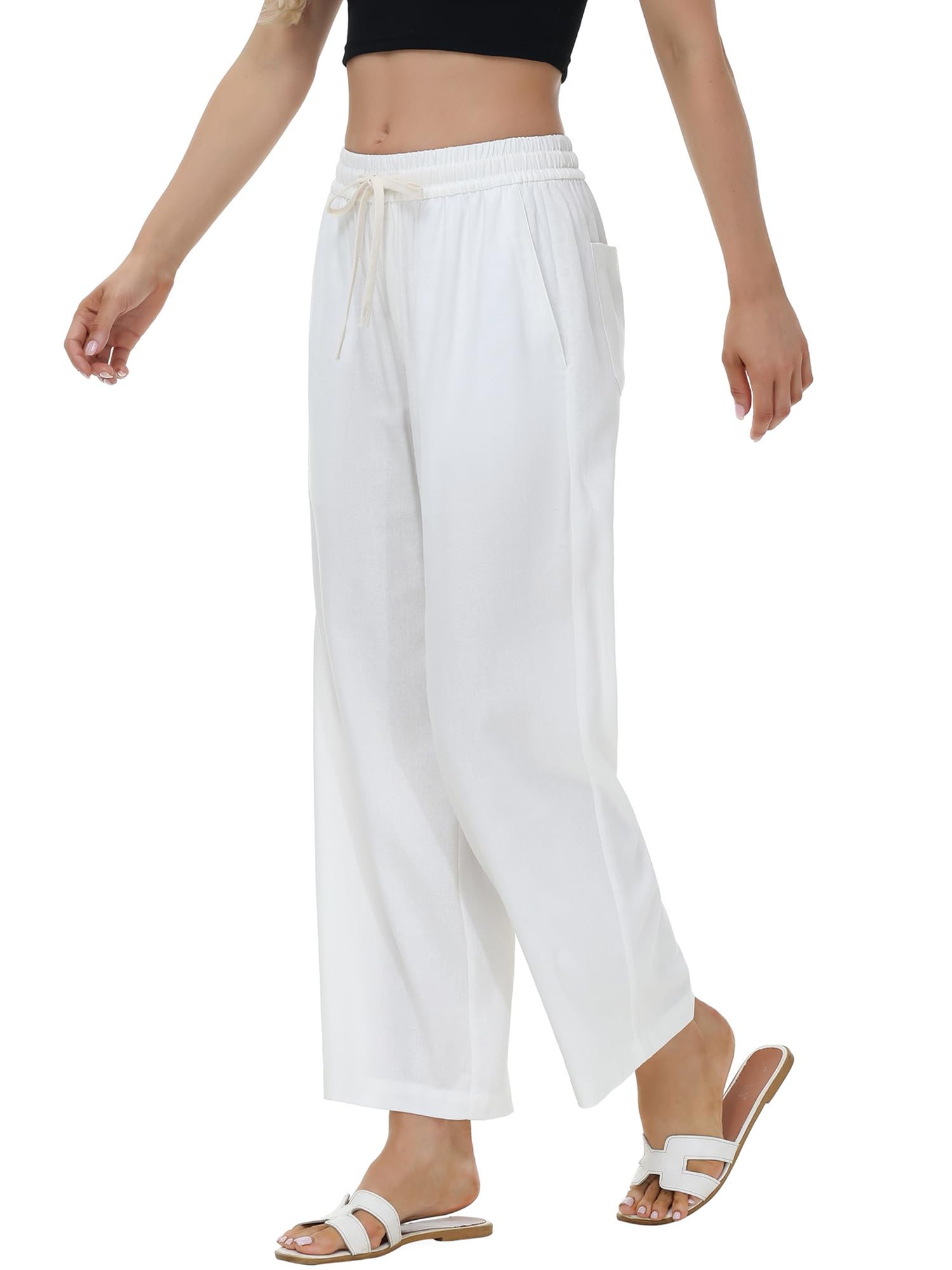 White Drawstring Elastic Waist Wide Leg Pant