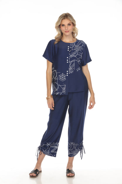 Navy Abstract Print Top Button Detailed