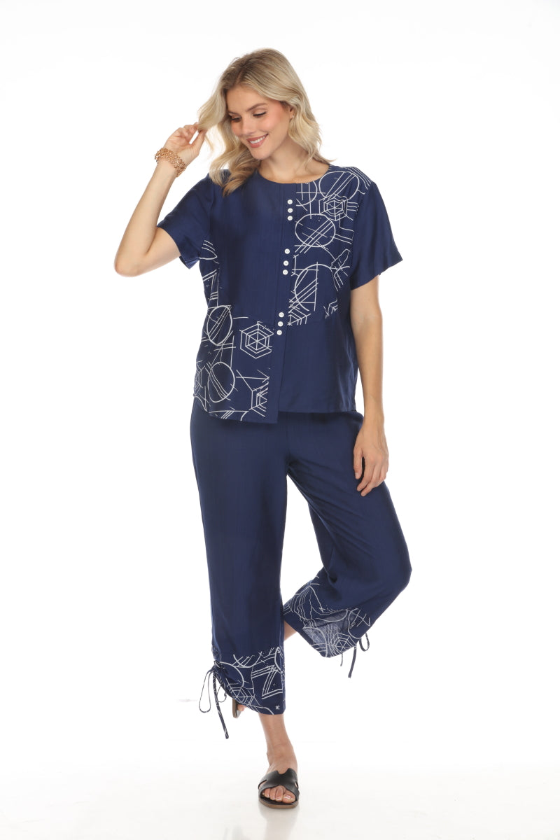 Navy Abstract Print Top Button Detailed
