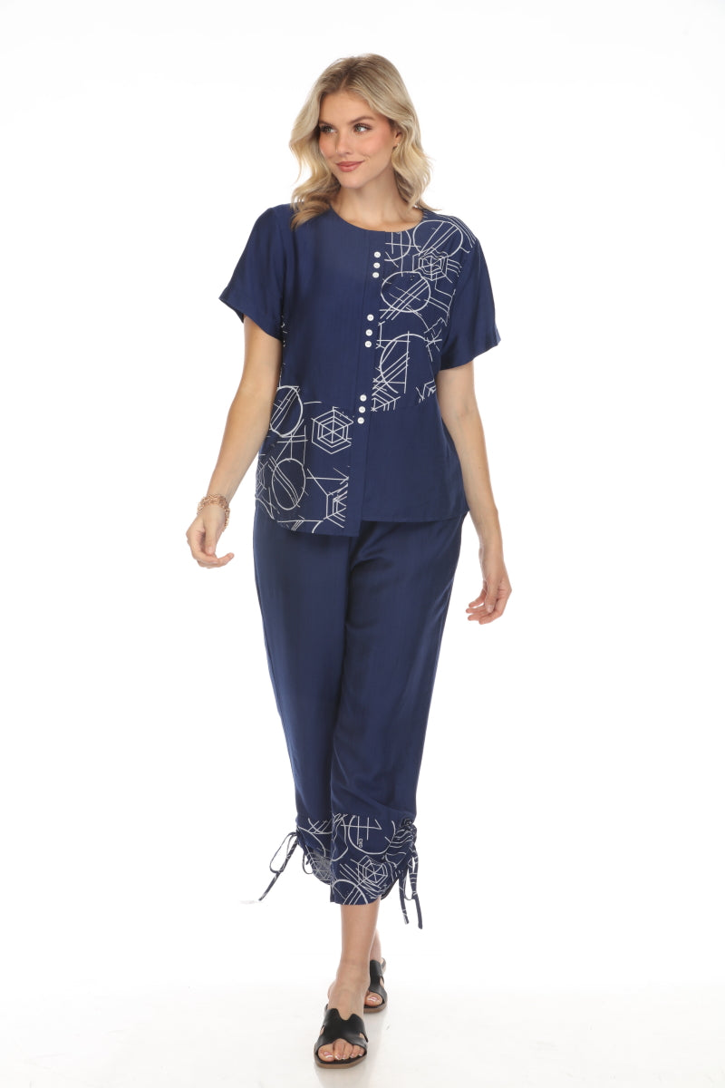 Navy Abstract Print Top Button Detailed
