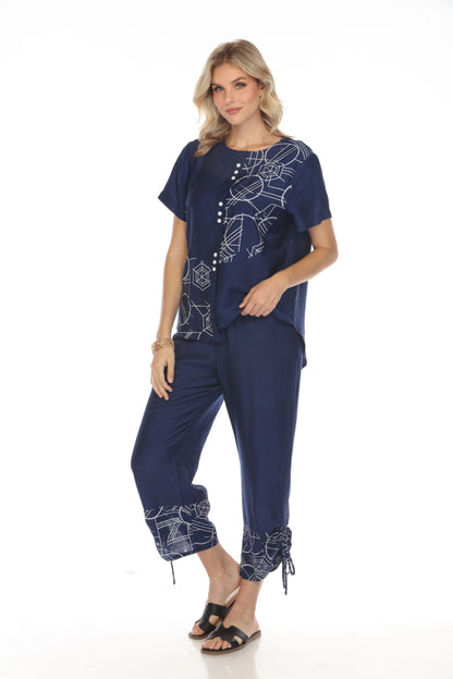 Navy Abstract Print Top Button Detailed