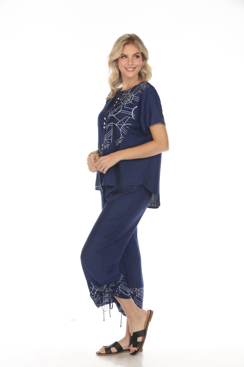 Navy Abstract Print Top Button Detailed