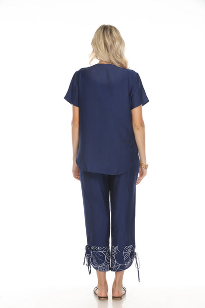 Navy Abstract Print Top Button Detailed